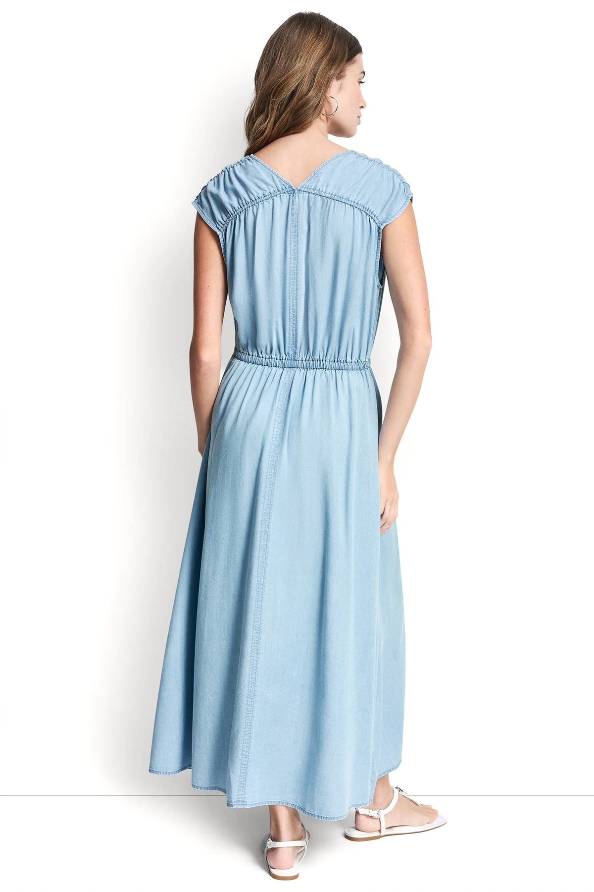 RUCHED V-NECK DRESS WITH TIE WAIST VIEW 2