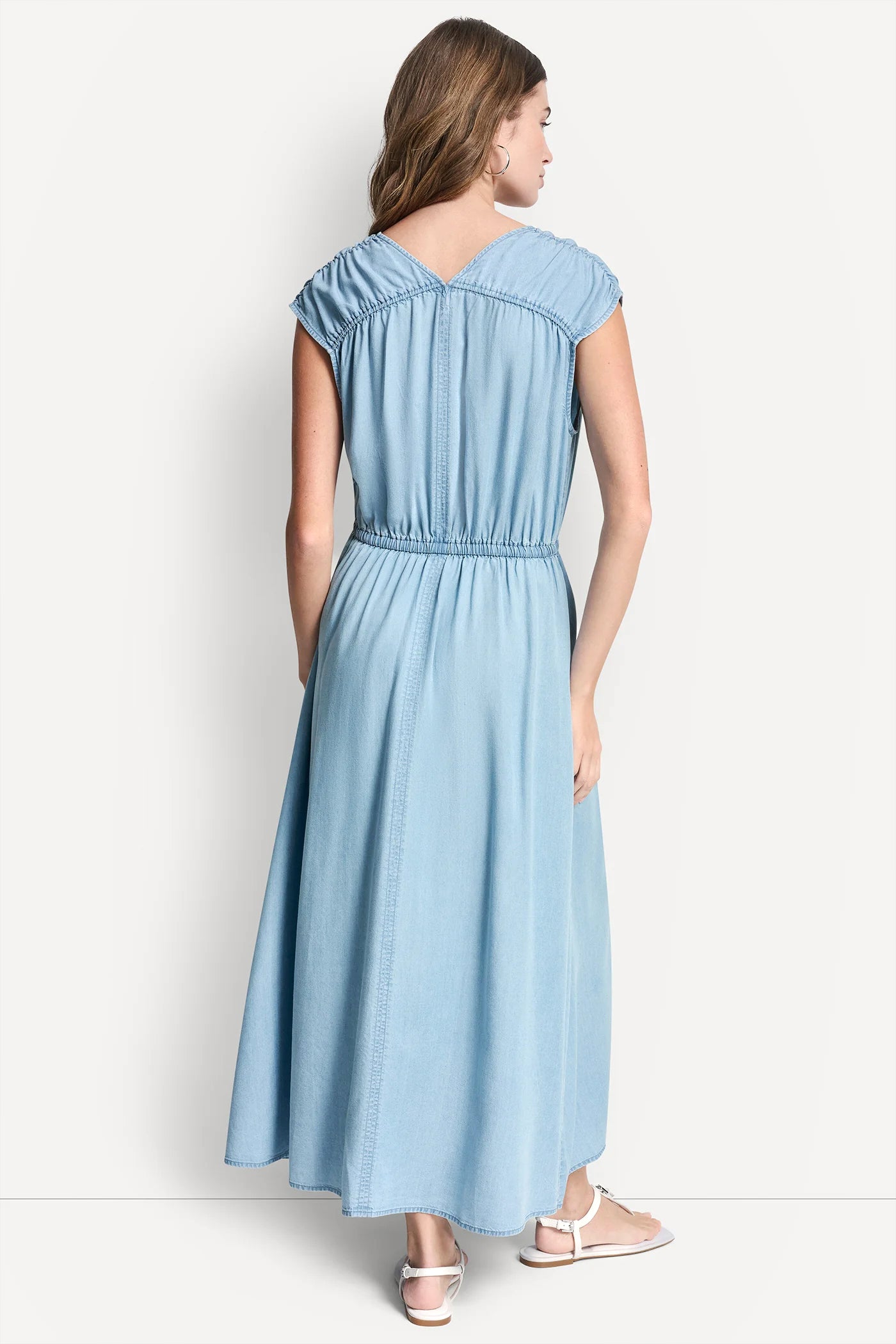 RUCHED V-NECK DRESS WITH TIE WAIST VIEW 3 | Gifts Under $100