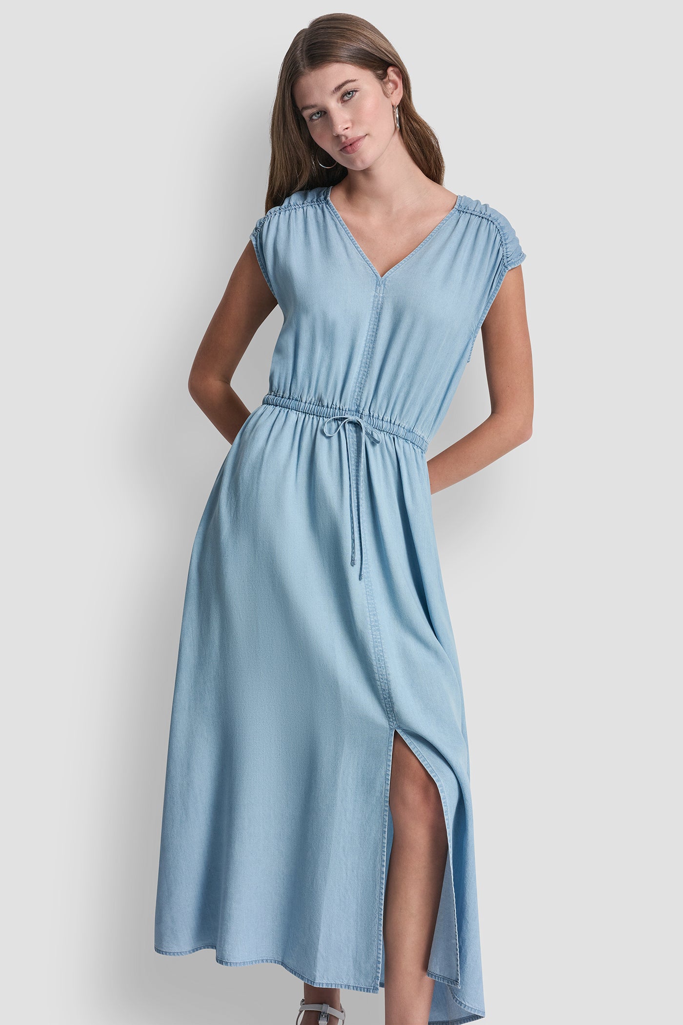 RUCHED V-NECK DRESS WITH TIE WAIST VIEW 3 | Clothing