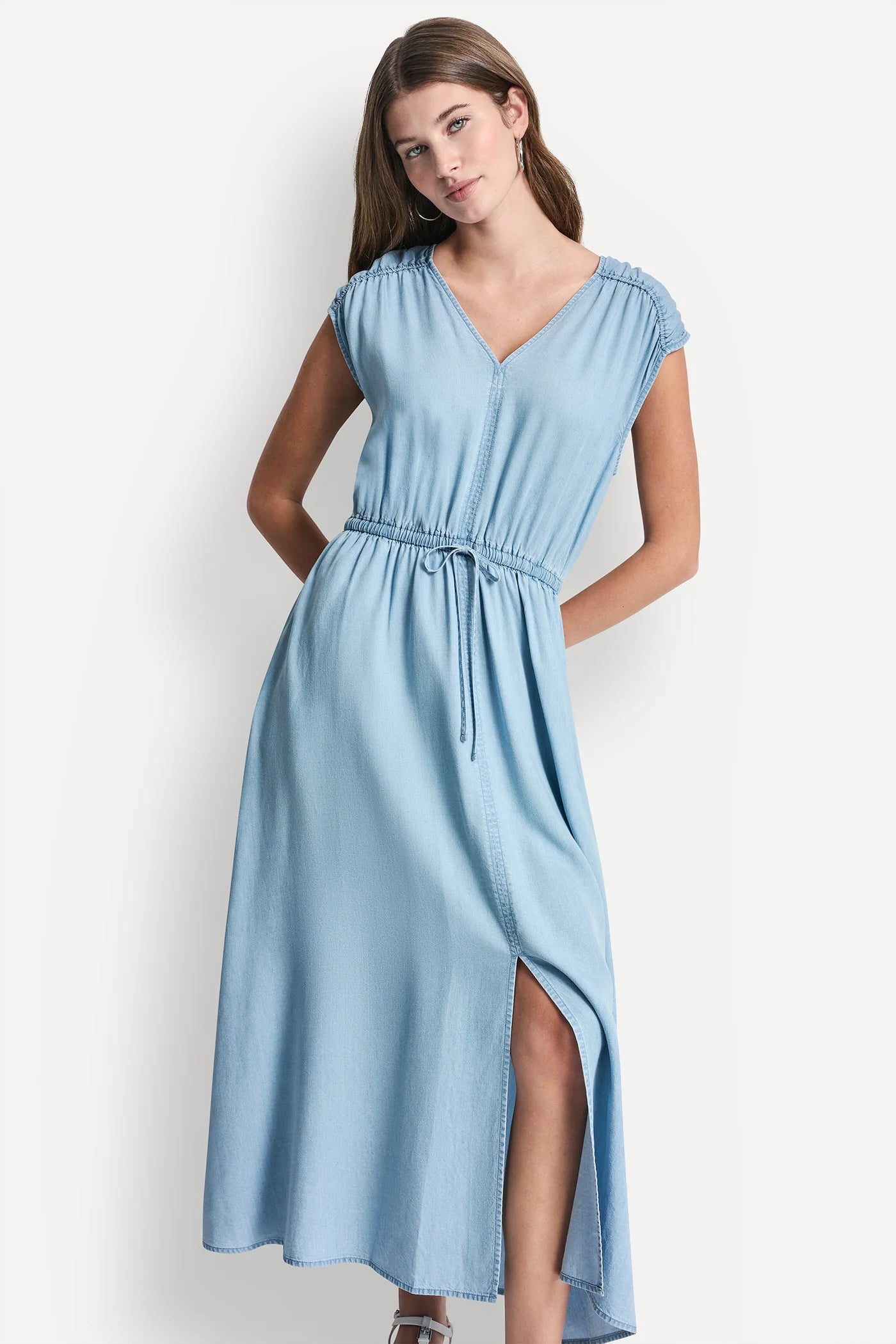 RUCHED V-NECK DRESS WITH TIE WAIST VIEW 4 | Gifts Under $100