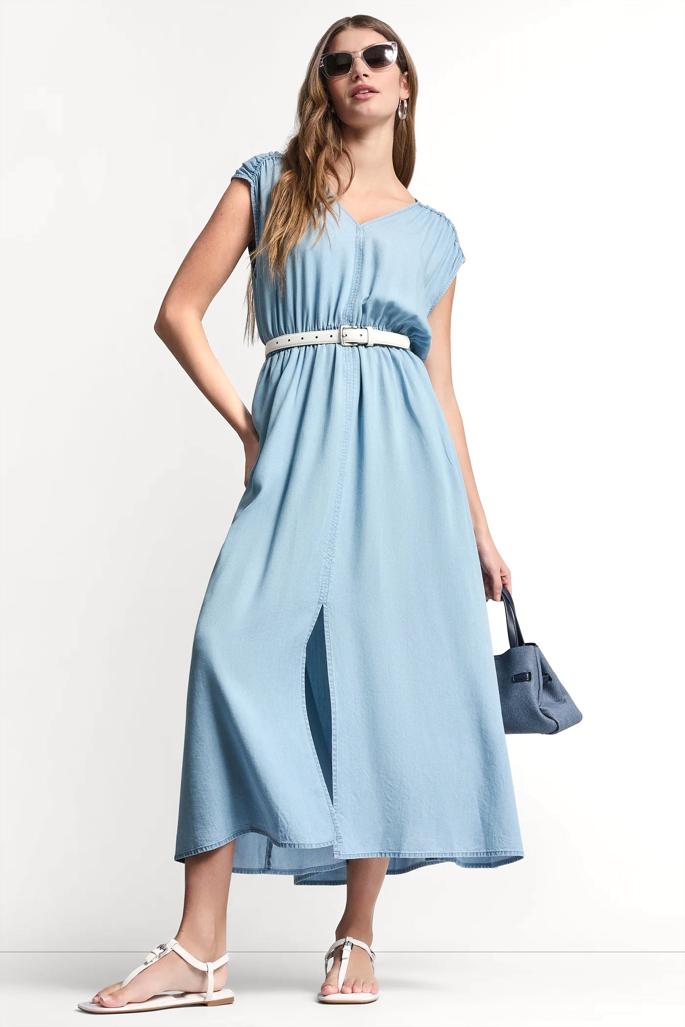 RUCHED V-NECK DRESS WITH TIE WAIST VIEW 6 | Gifts Under $100