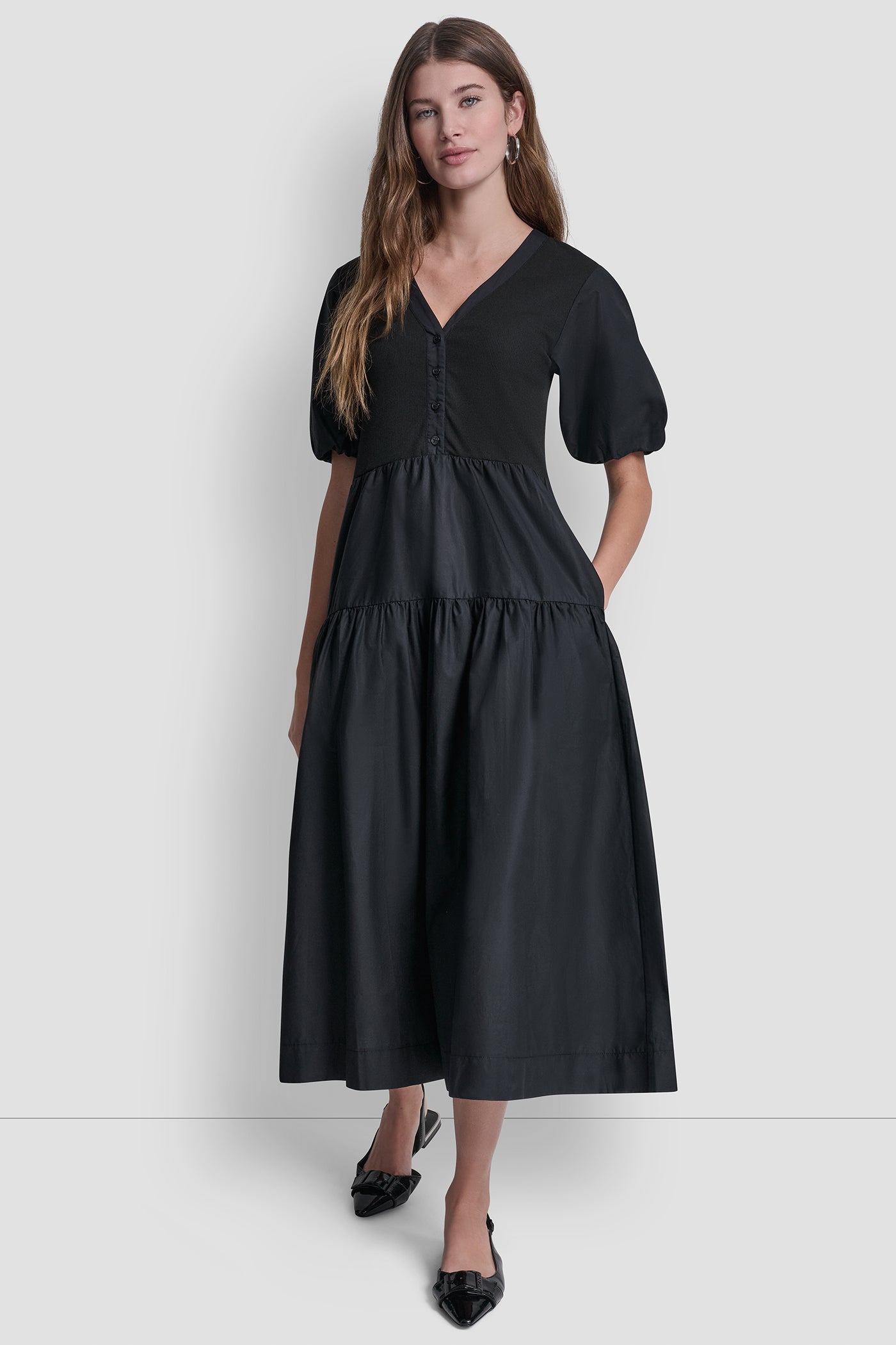 DKNY Women's Rib Henley Midi Dress With Puff Sleeves in Black DKNY Women's Rib Henley Midi Dress With Puff Sleeves in Black