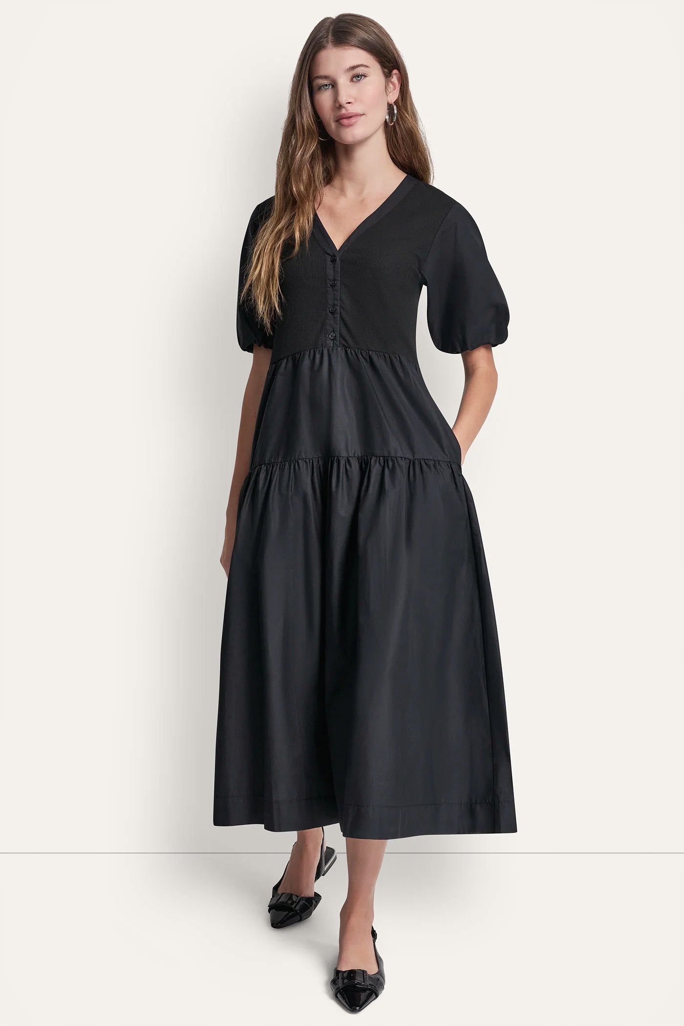RIB HENLEY MIDI DRESS WITH PUFF SLEEVES VIEW 5 | MIDI DRESSES