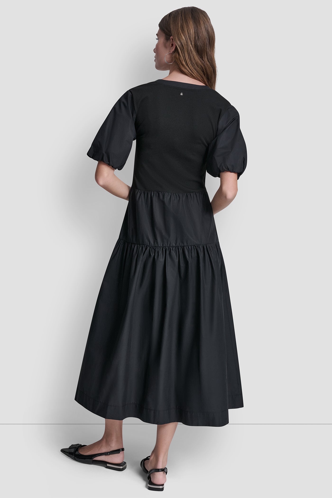 Black RIB HENLEY MIDI DRESS WITH PUFF SLEEVES, VIEW 2 | Dresses & Jumpsuits
