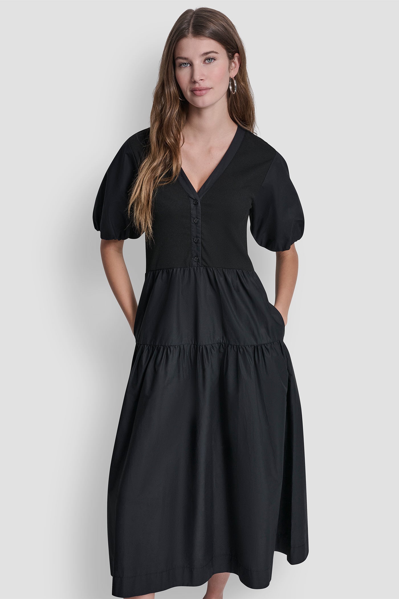 DKNY Women's Rib Henley Midi Dress With Puff Sleeves in Black DKNY Women's Rib Henley Midi Dress With Puff Sleeves in Black