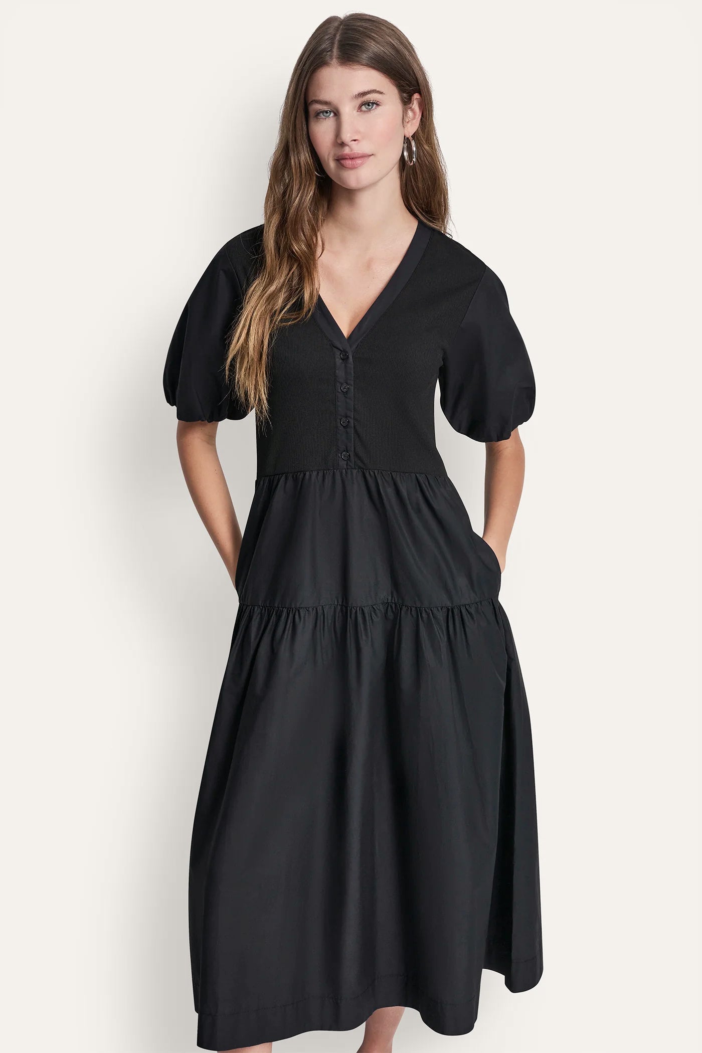 Black RIB HENLEY MIDI DRESS WITH PUFF SLEEVES, VIEW 2 | Dresses & Jumpsuits
