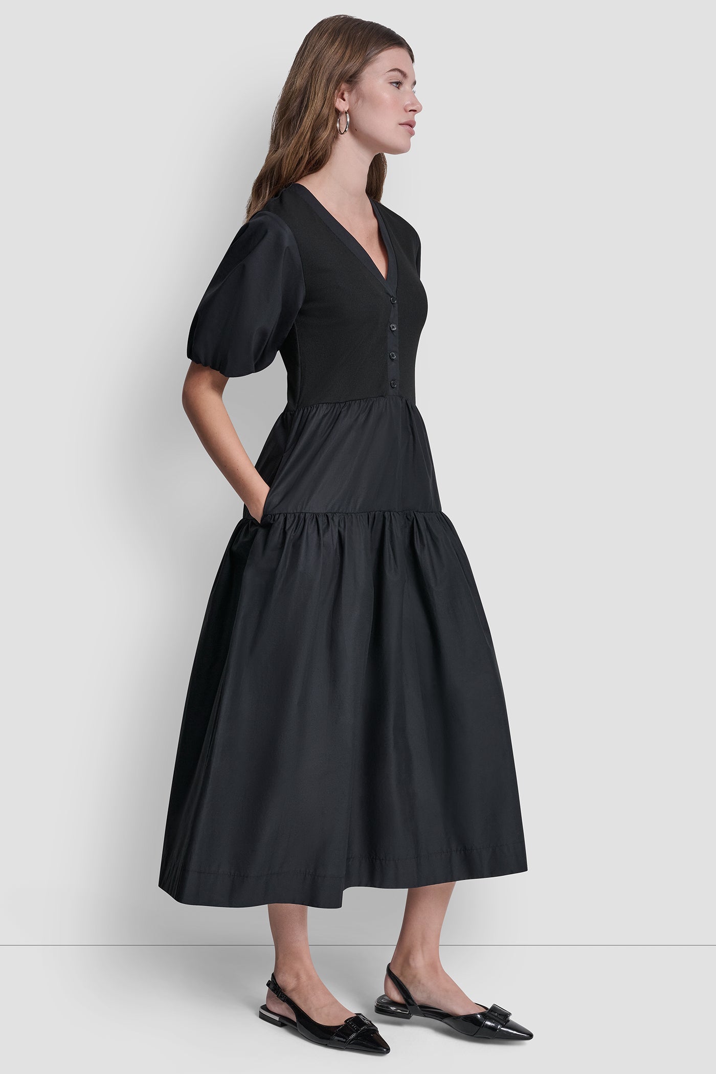 RIB HENLEY MIDI DRESS WITH PUFF SLEEVES VIEW 3 | Dresses & Jumpsuits