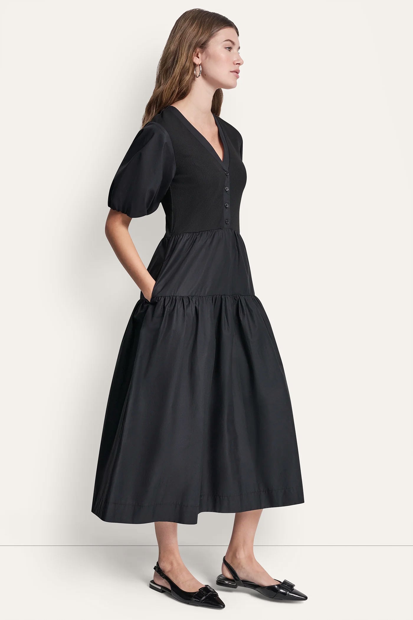 RIB HENLEY MIDI DRESS WITH PUFF SLEEVES VIEW 4 | MIDI DRESSES
