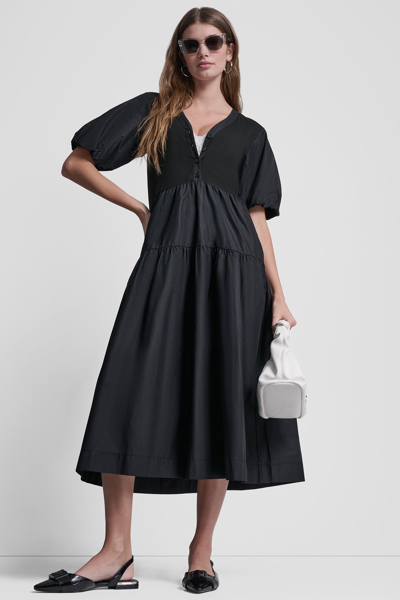 DKNY Women's Rib Henley Midi Dress With Puff Sleeves in Black DKNY Women's Rib Henley Midi Dress With Puff Sleeves in Black