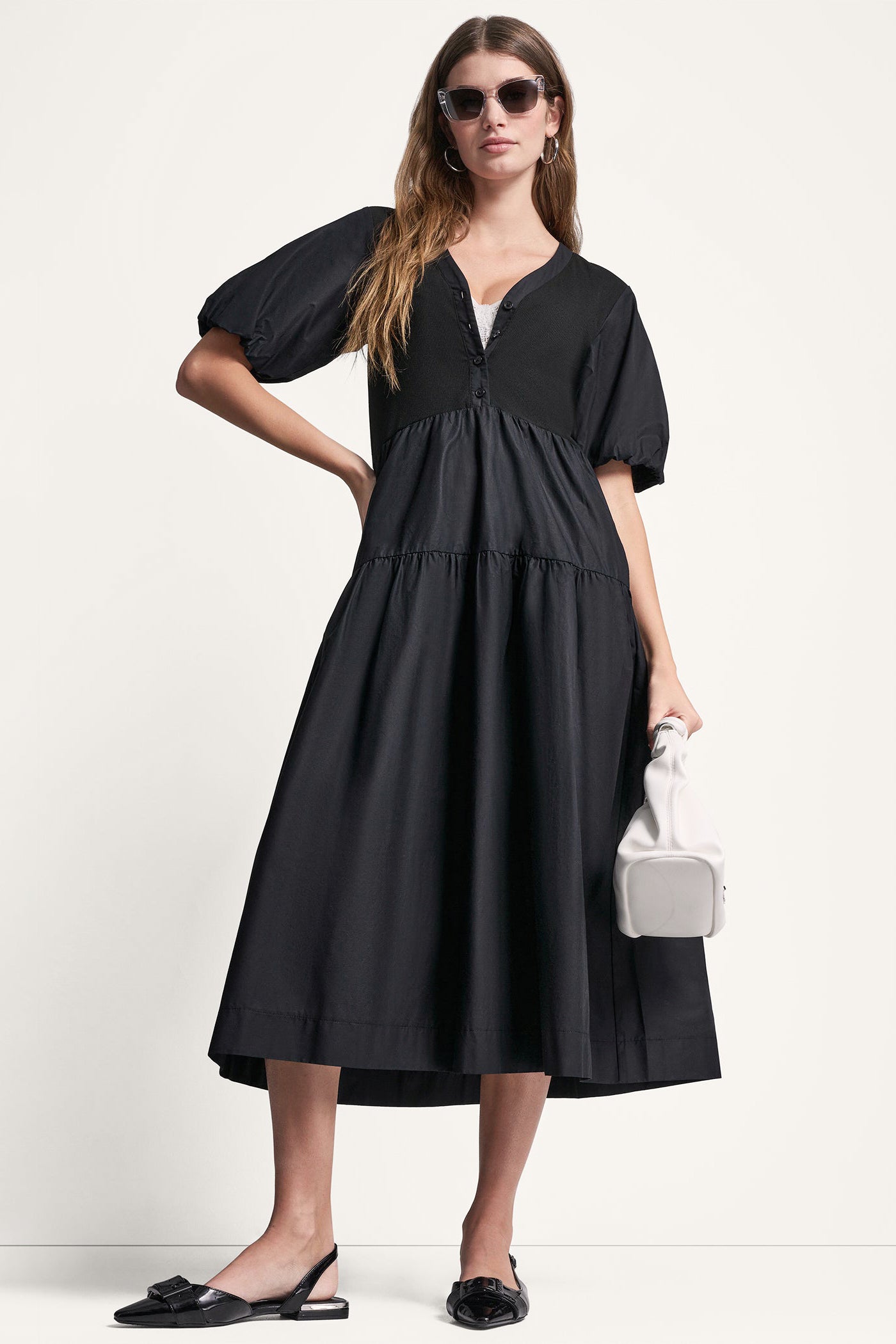 Black RIB HENLEY MIDI DRESS WITH PUFF SLEEVES, VIEW 1 | Dresses & Jumpsuits