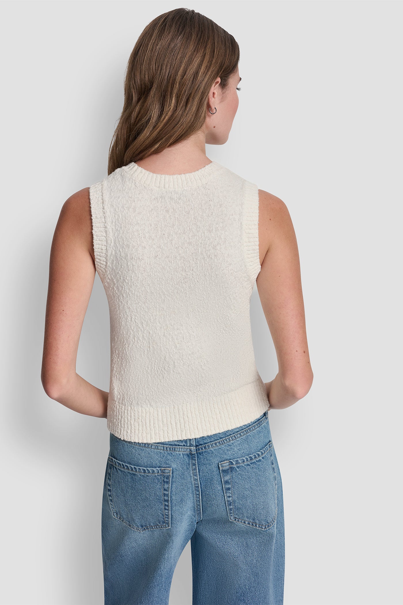 Ivory CREW NECK SLEEVELESS SWEATER, VIEW 2 | The Vacation Edit