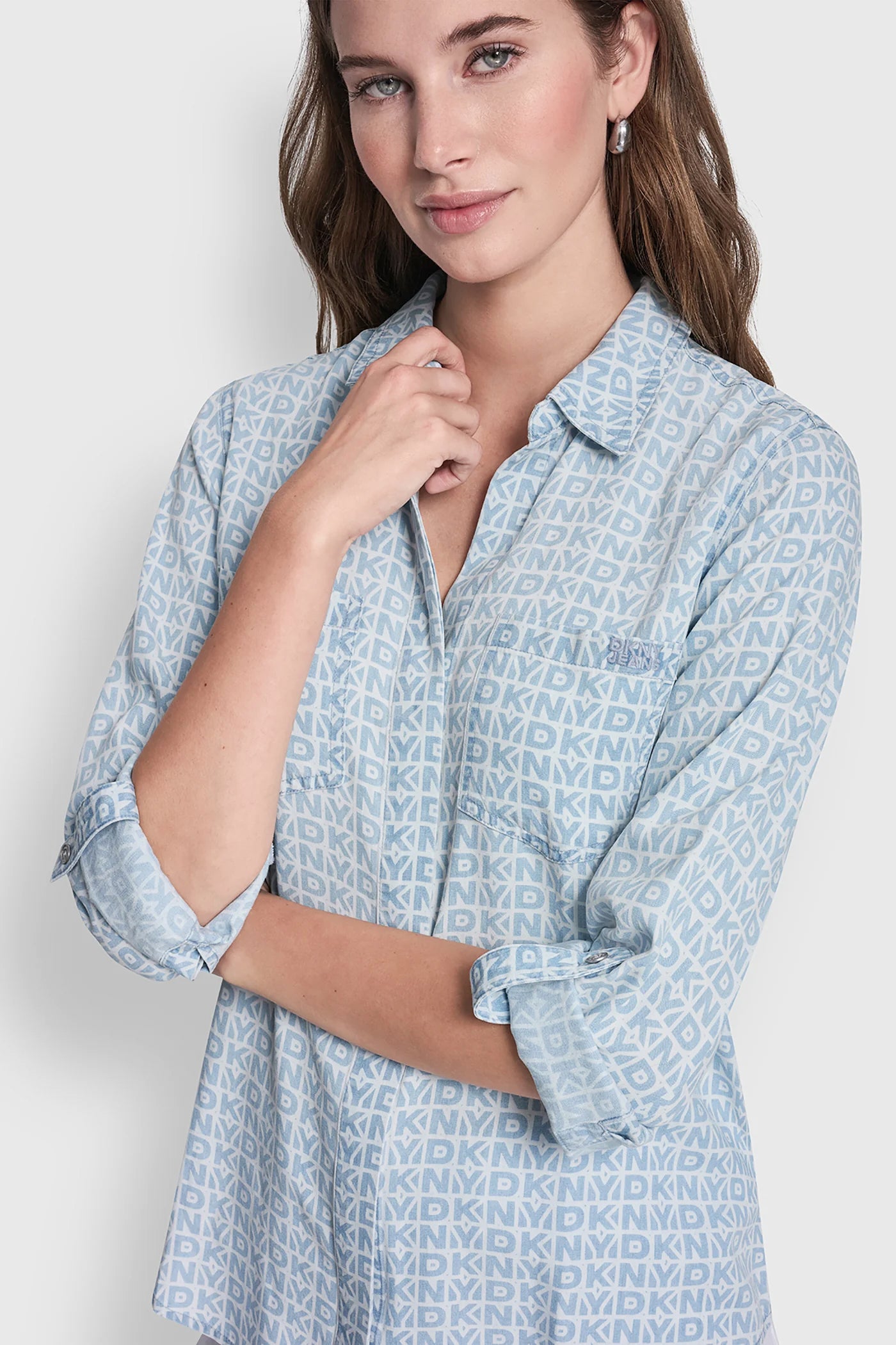 DKNY OUTLINE CHAMBRAY GARMENT DYE SPLIT BACK SHIRT, VIEW 2 | WOMEN'S SWEATERS & TOPS