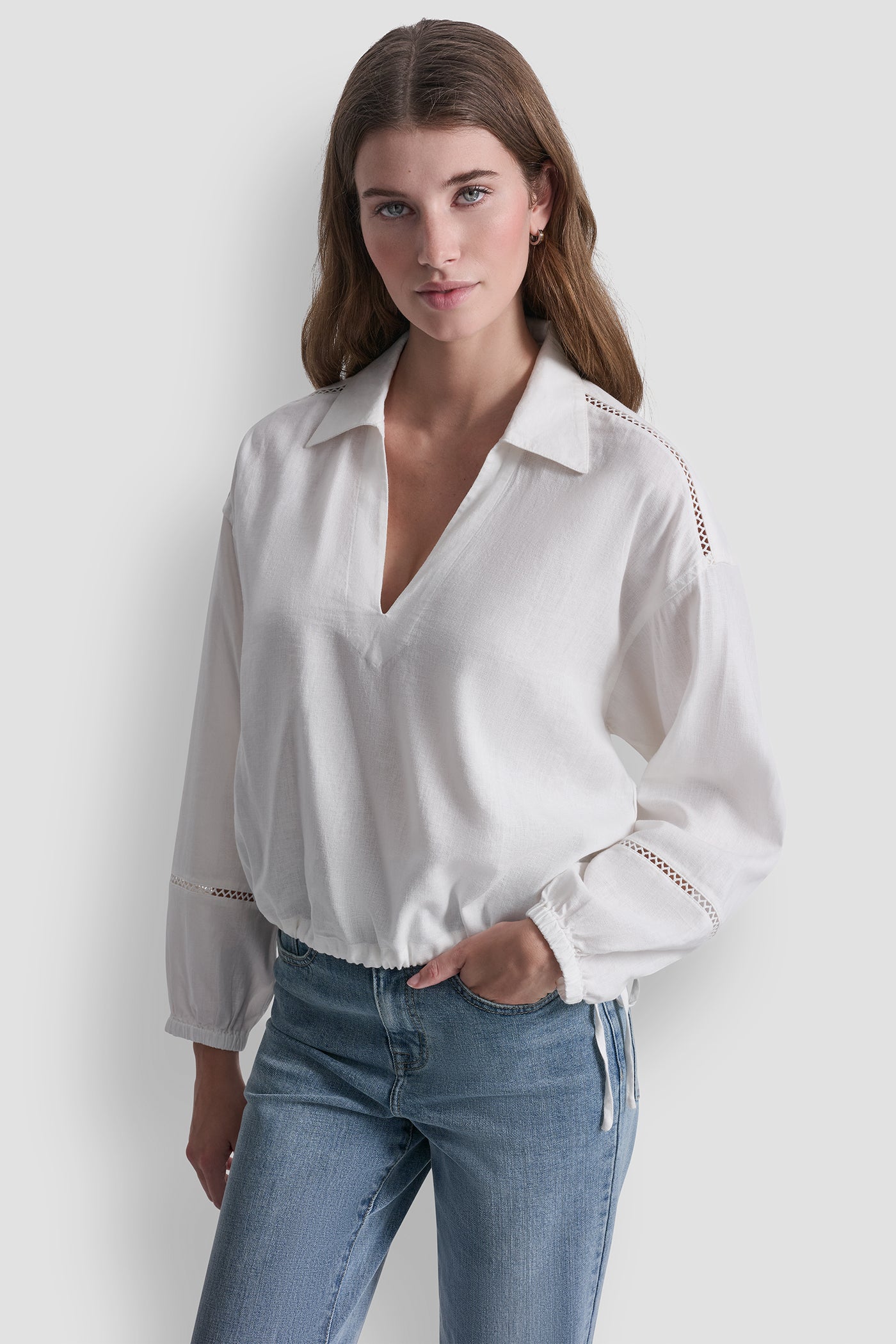 Ivory LINEN-BLEND V-NECK SHIRT, FRONT VIEW | Clothing