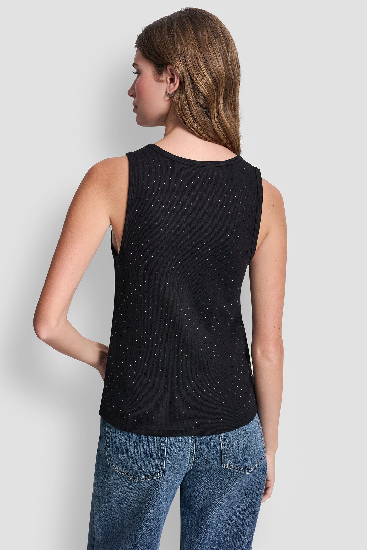 Black RHINESTONES V-NECK TANK, VIEW 2 | DKNY JEANS