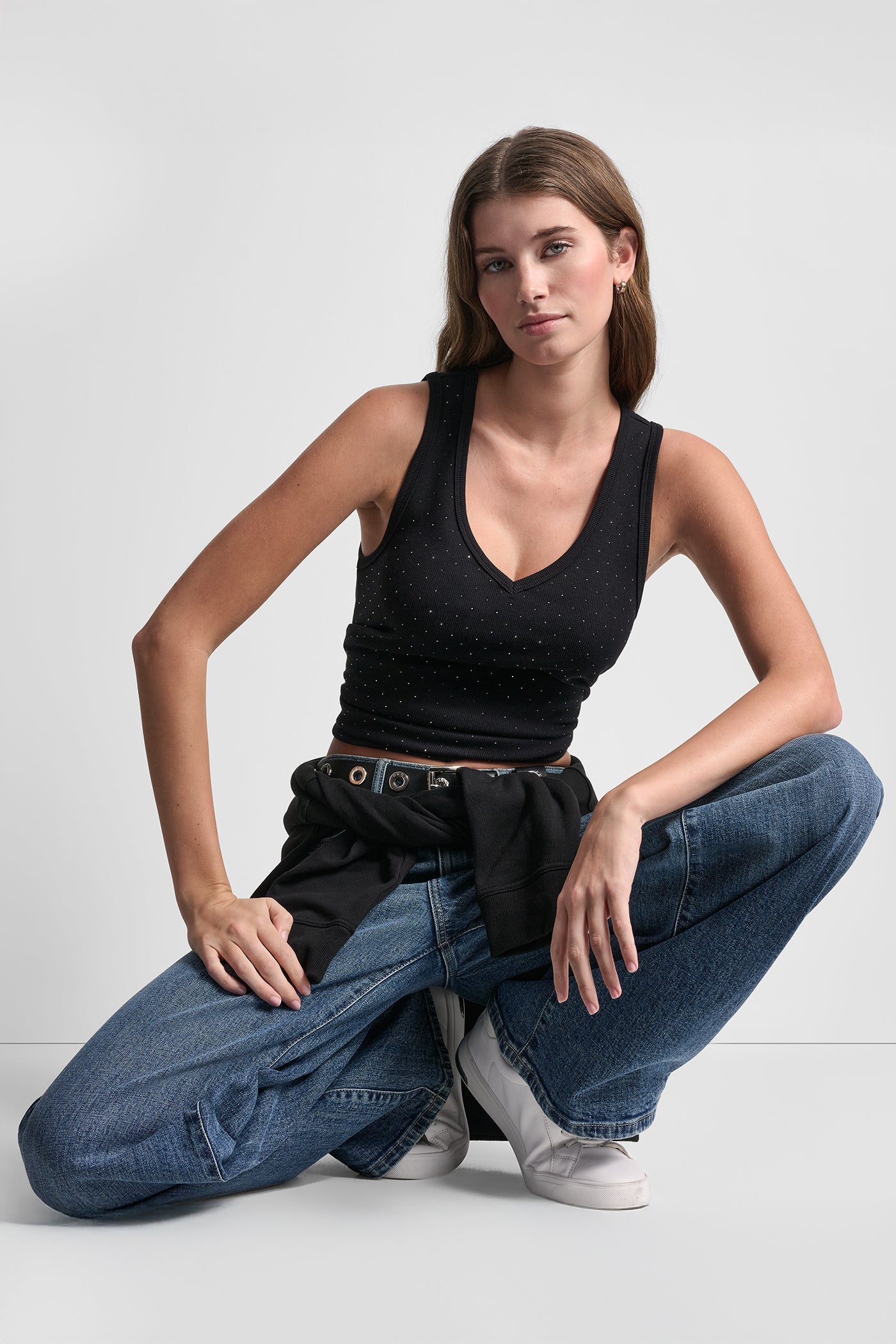 Black RHINESTONES V-NECK TANK, VIEW 1 | DKNY JEANS