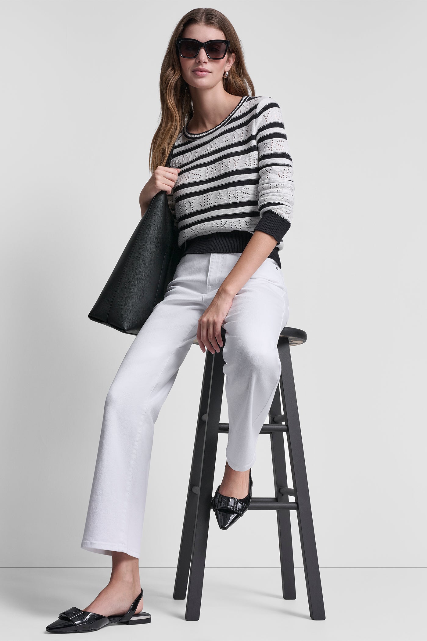 Ivory/Black LOGO POINTELLE STRIPED SWEATER, VIEW 1 | Clothing