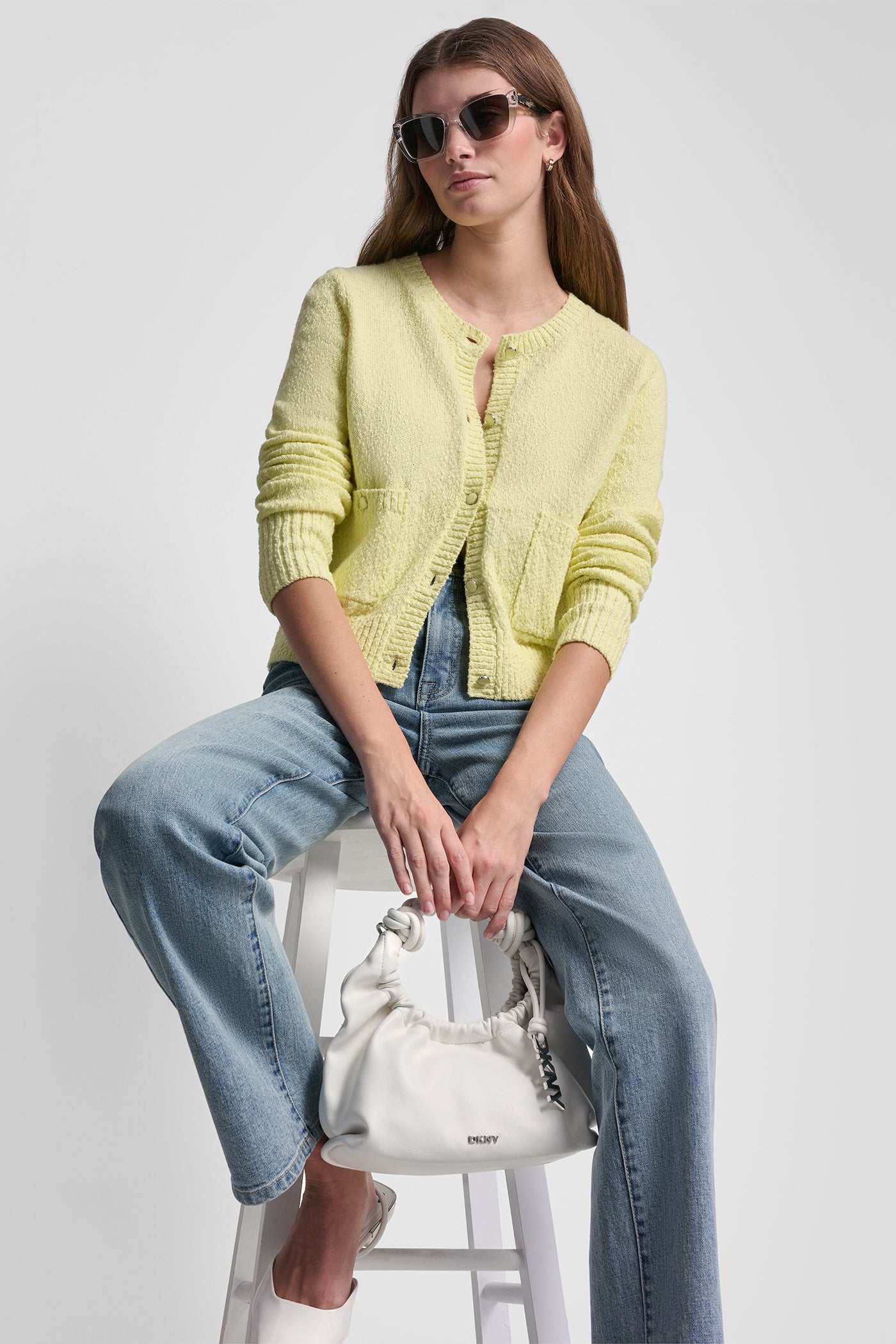 Lemon Light CREW NECK CARDIGAN WITH PATCH POCKETS, VIEW 1 | New Arrivals