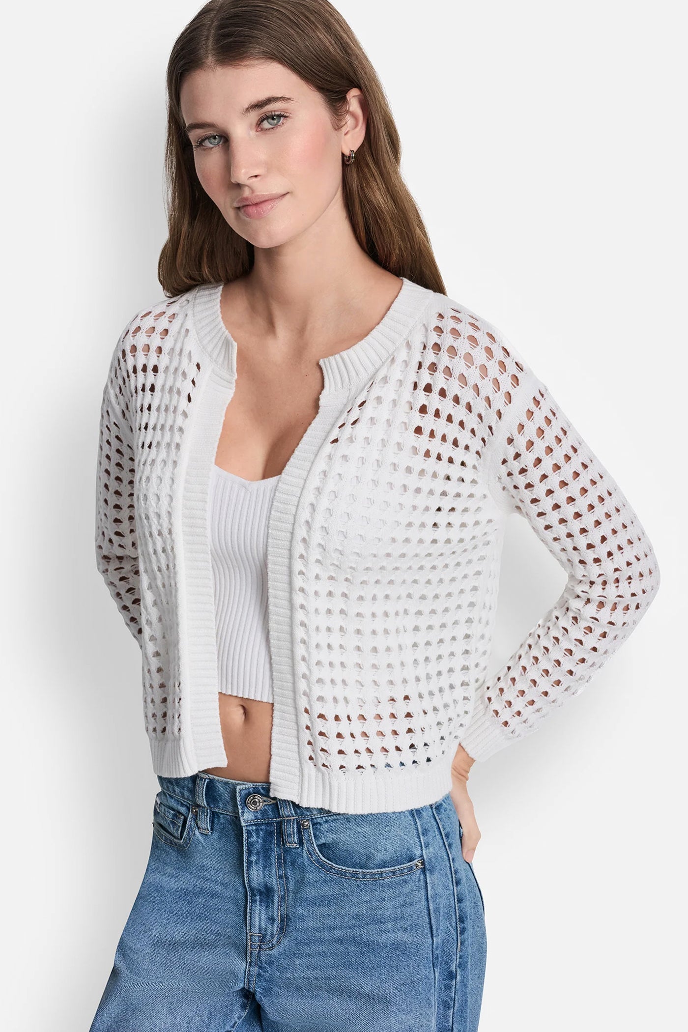 Ivory OPEN STITCH CARDIGAN, FRONT VIEW | WOMEN'S SWEATERS & TOPS