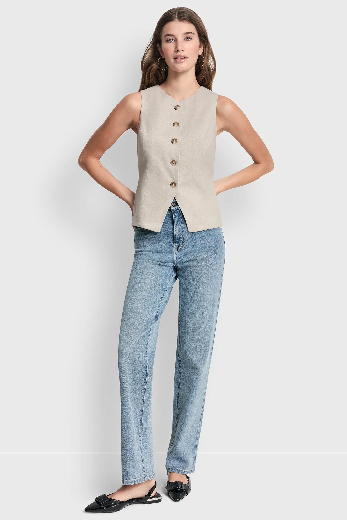 Pebble LINEN BUTTON-FRONT VEST, VIEW 2 | WOMEN'S SWEATERS & TOPS