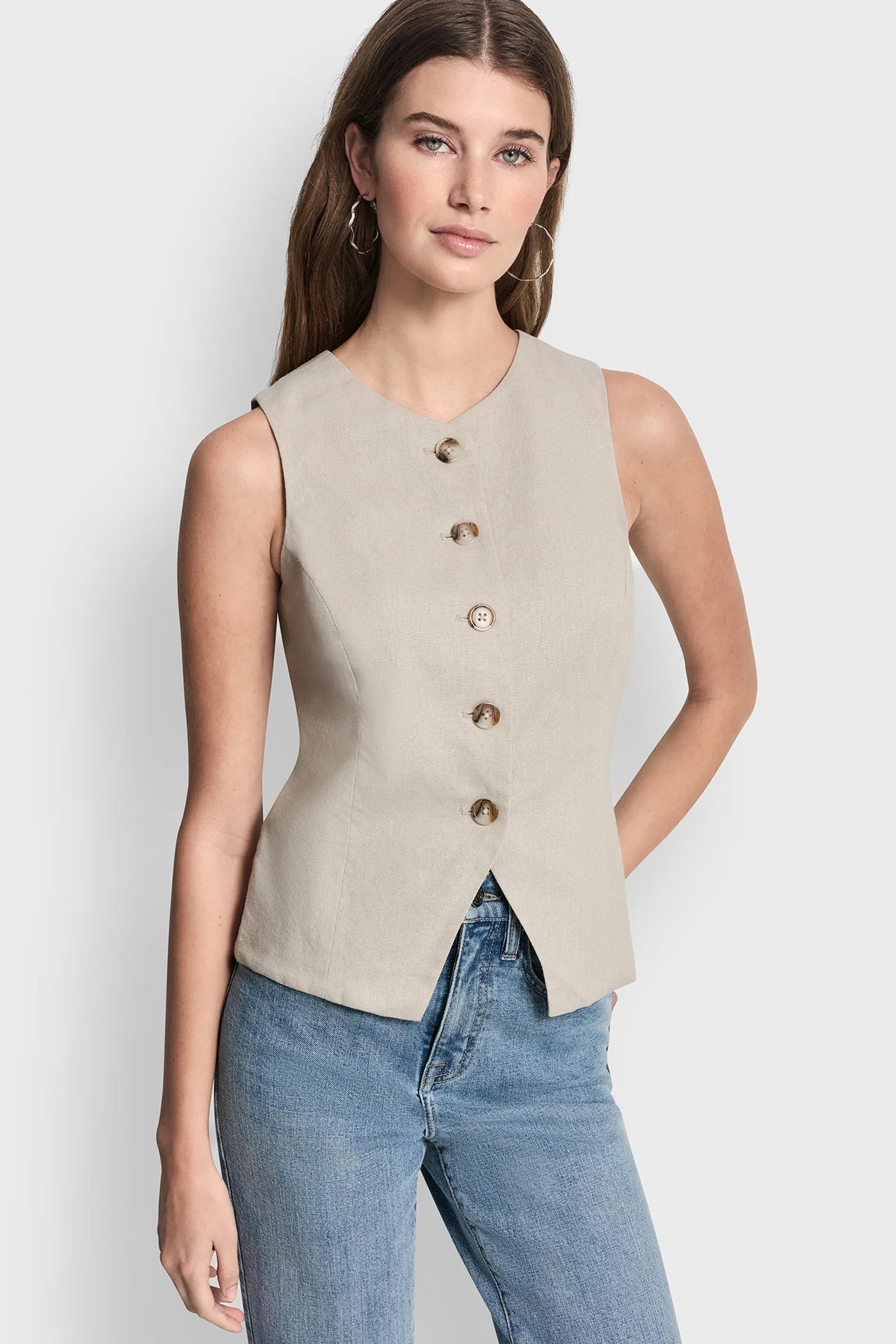 Pebble LINEN BUTTON-FRONT VEST, VIEW 1 | WOMEN'S SWEATERS & TOPS