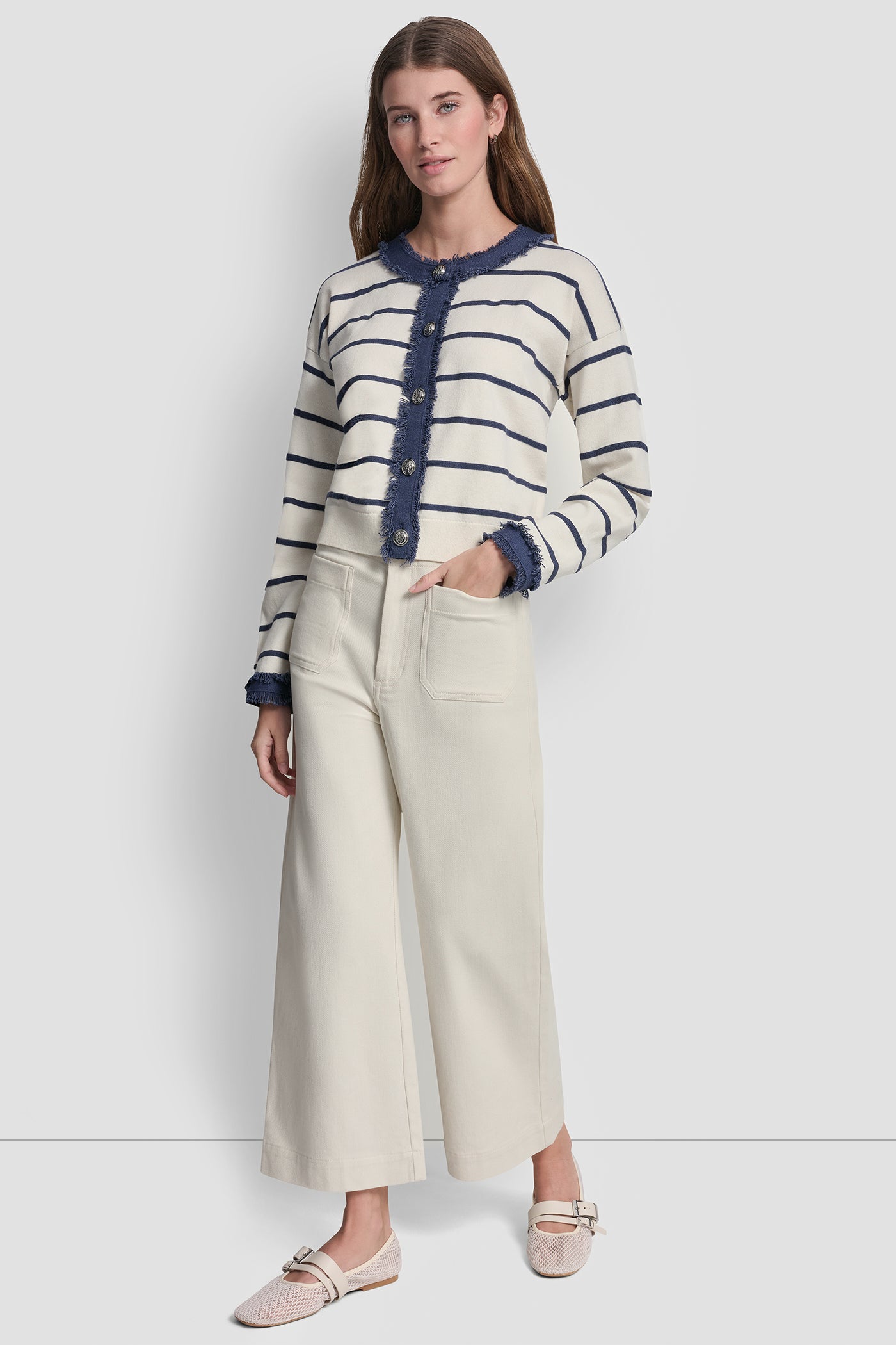 STRIPED CARDIGAN WITH DENIM FRINGE VIEW 5 | DKNY JEANS