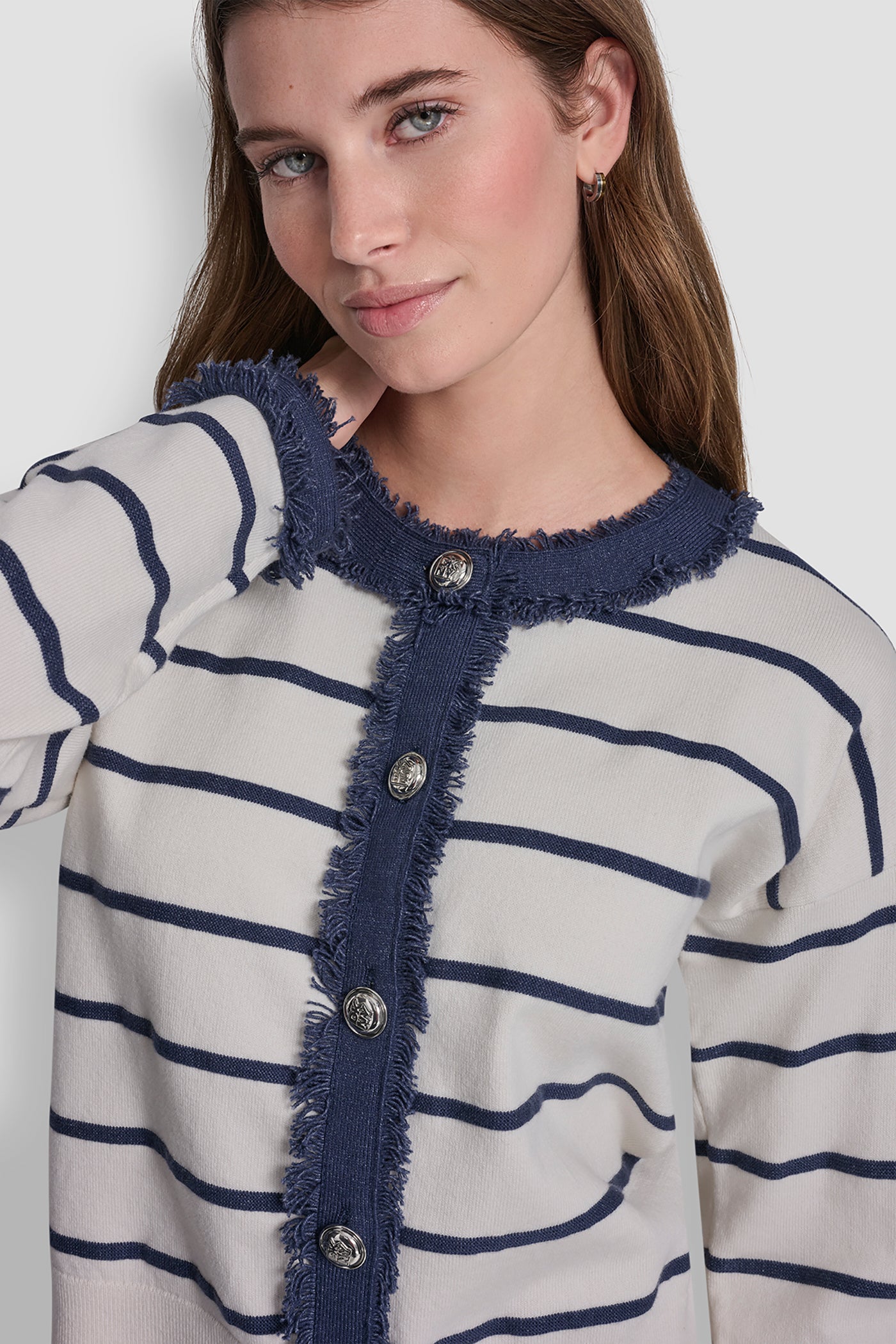 STRIPED CARDIGAN WITH DENIM FRINGE VIEW 6 | DKNY JEANS