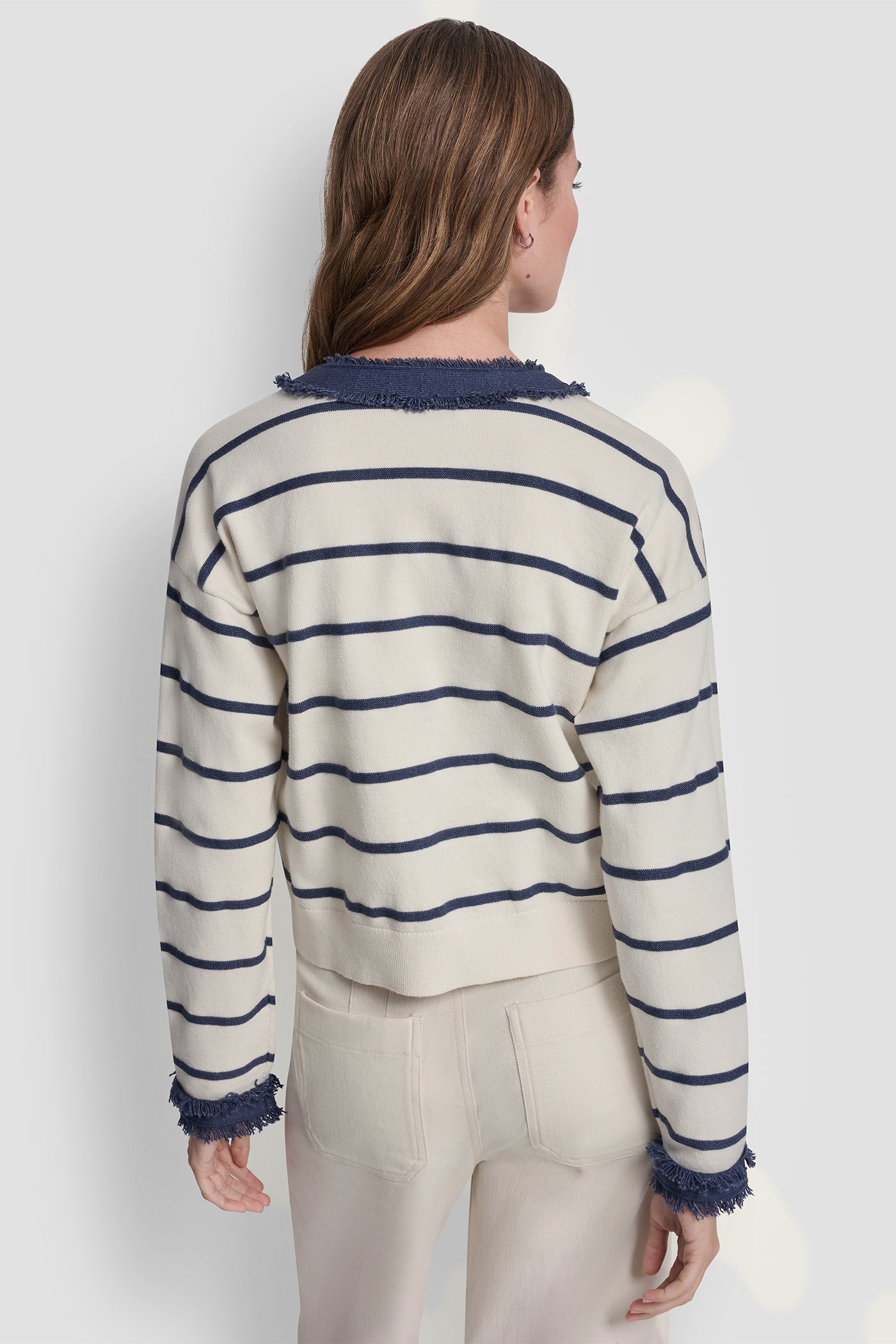 Eggnog/Indigo STRIPED CARDIGAN WITH DENIM FRINGE, VIEW 2 | DKNY JEANS