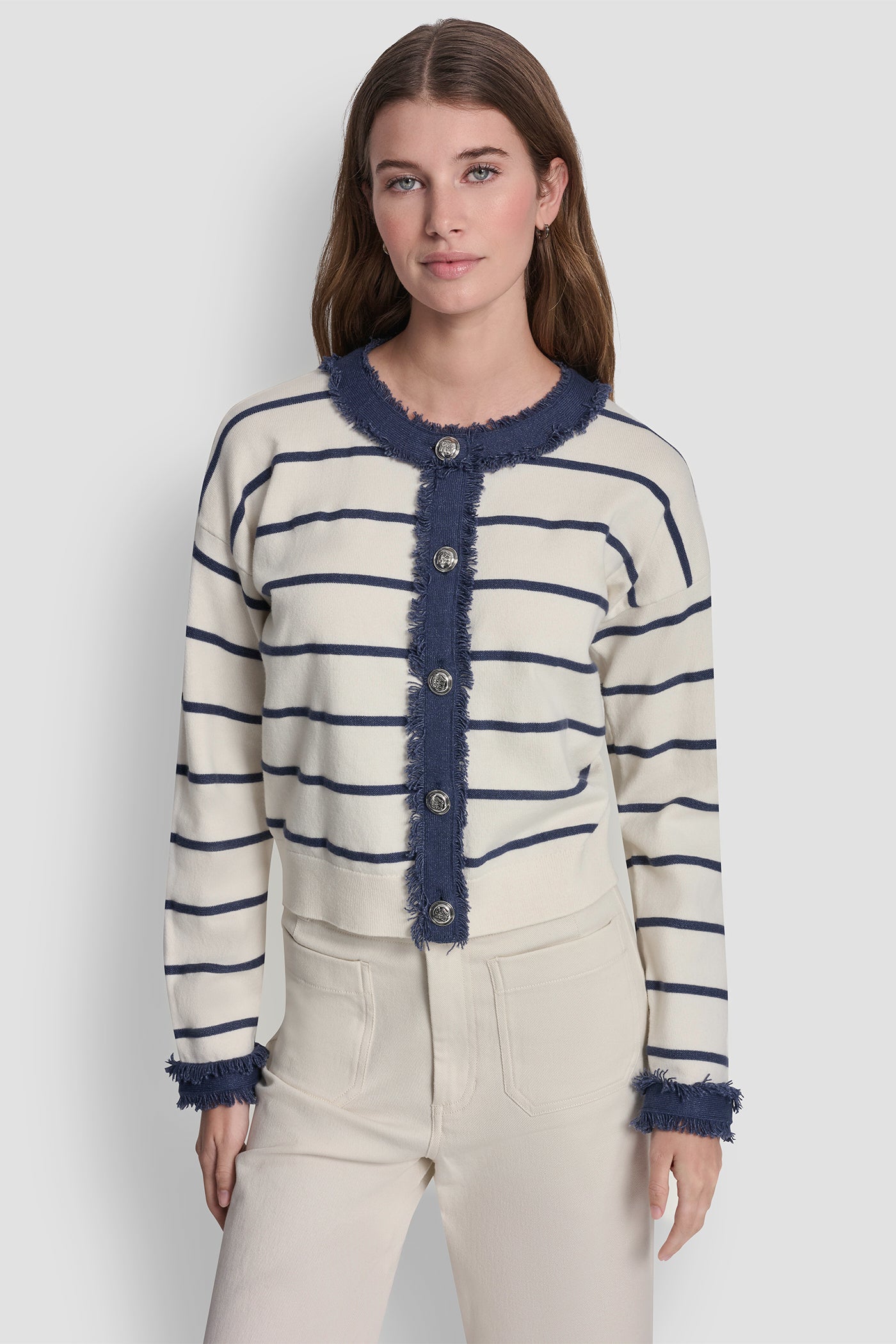 STRIPED CARDIGAN WITH DENIM FRINGE VIEW 4 | DKNY JEANS