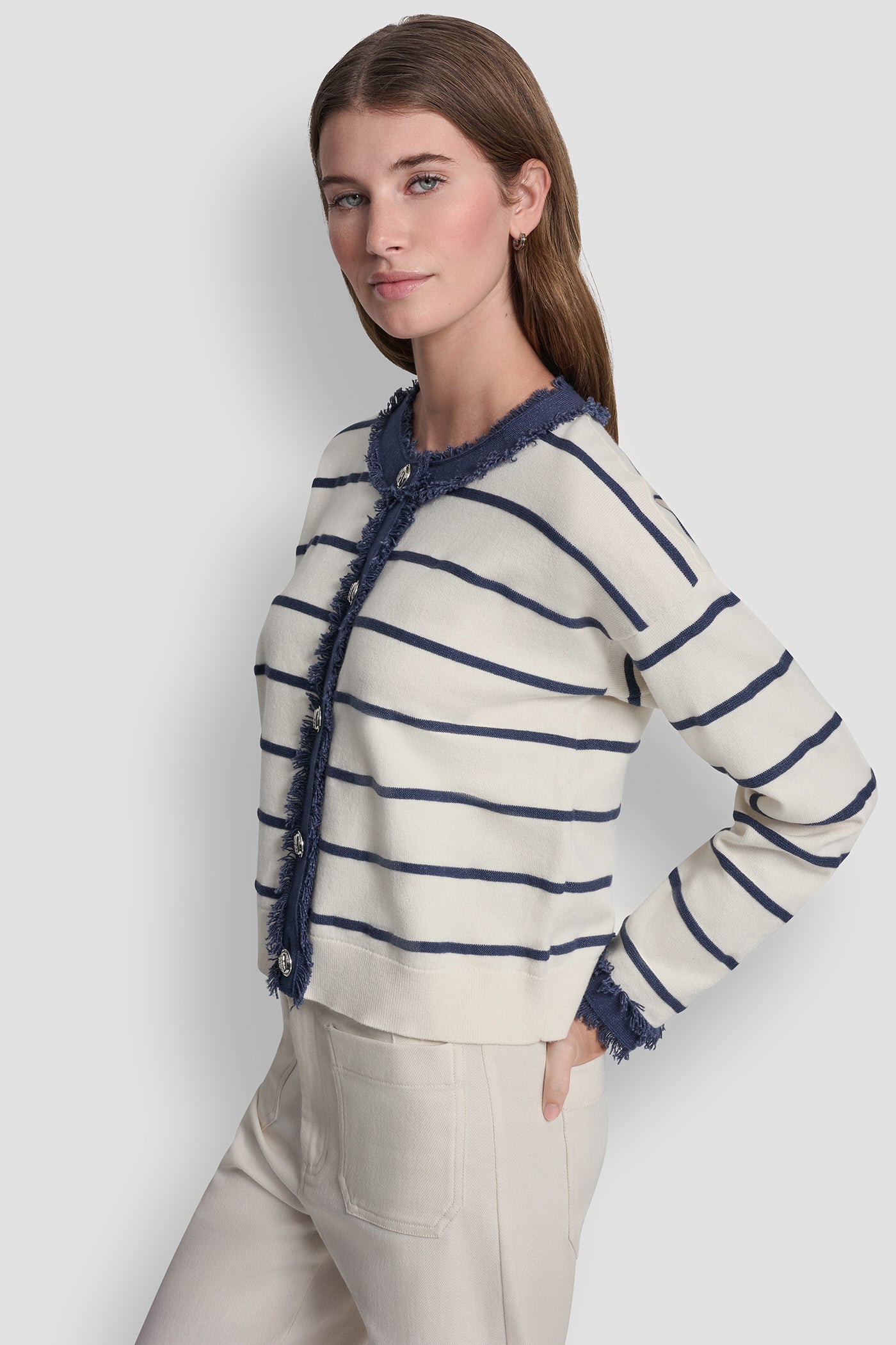 STRIPED CARDIGAN WITH DENIM FRINGE VIEW 3 | DKNY JEANS
