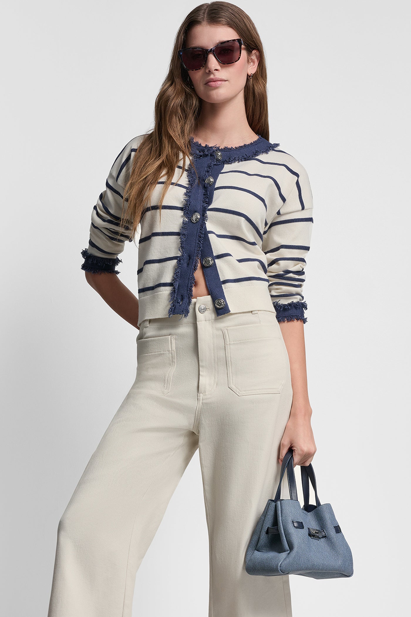 Eggnog/Indigo STRIPED CARDIGAN WITH DENIM FRINGE, VIEW 1 | DKNY JEANS