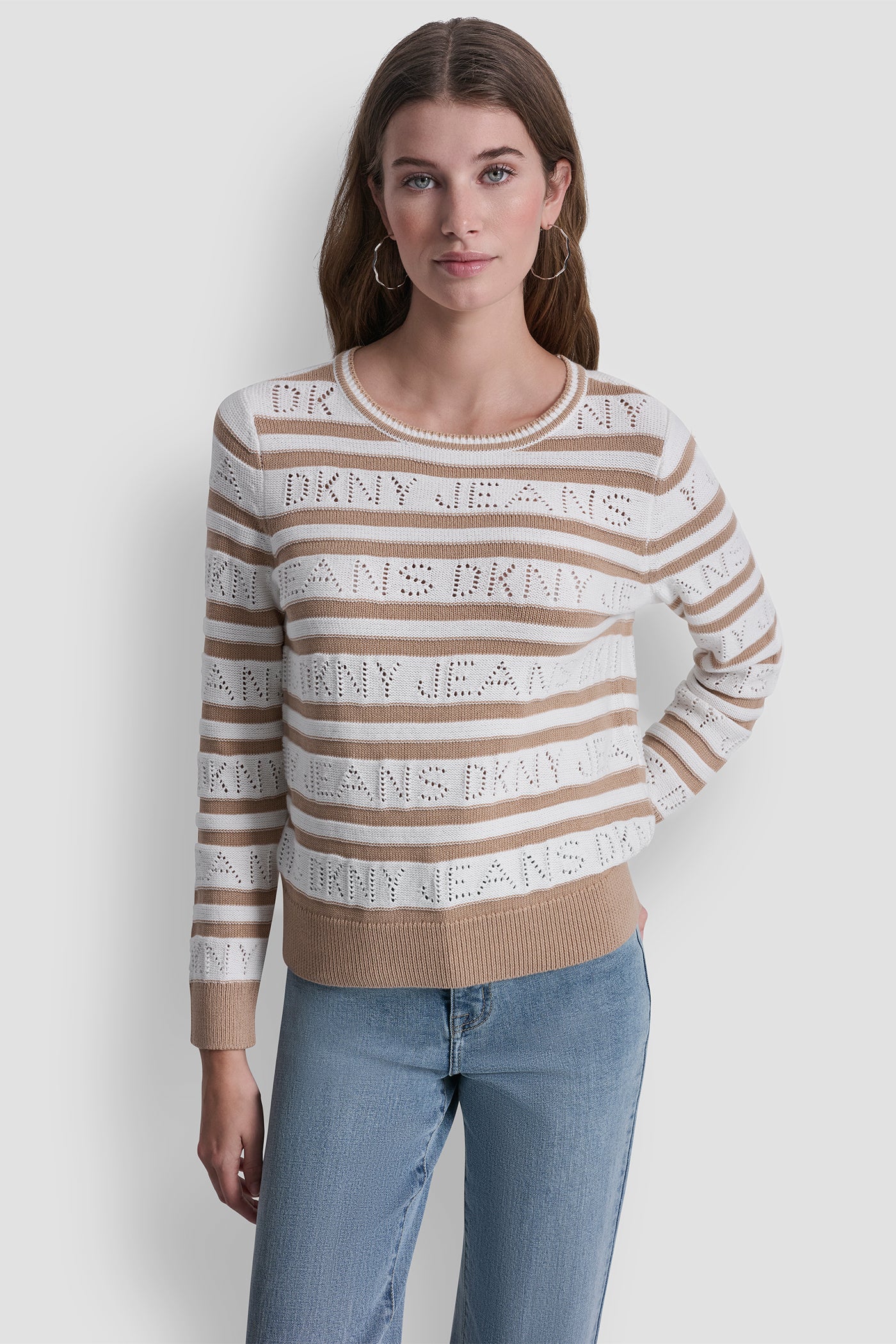 Ivory/Teak LOGO POINTELLE STRIPED SWEATER, VIEW 2 | Clothing
