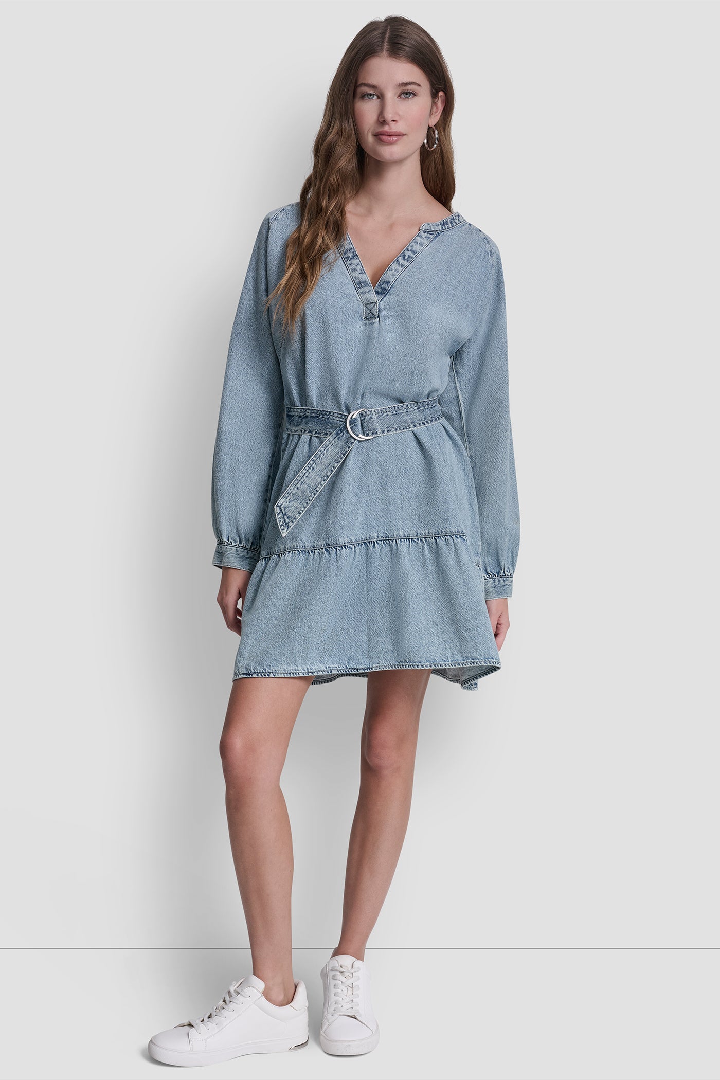 DKNY Women's Belted Denim V-Neck Dress in Reflection DKNY Women's Belted Denim V-Neck Dress in Reflection