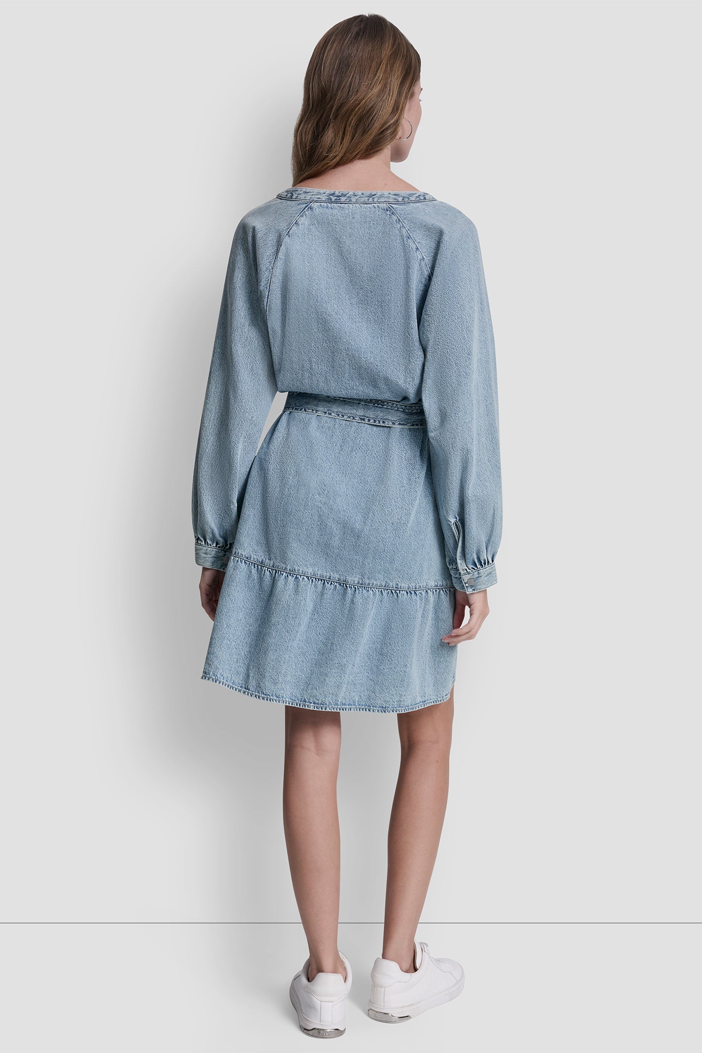 Reflection BELTED DENIM V-NECK DRESS, BACK VIEW | Clothing
