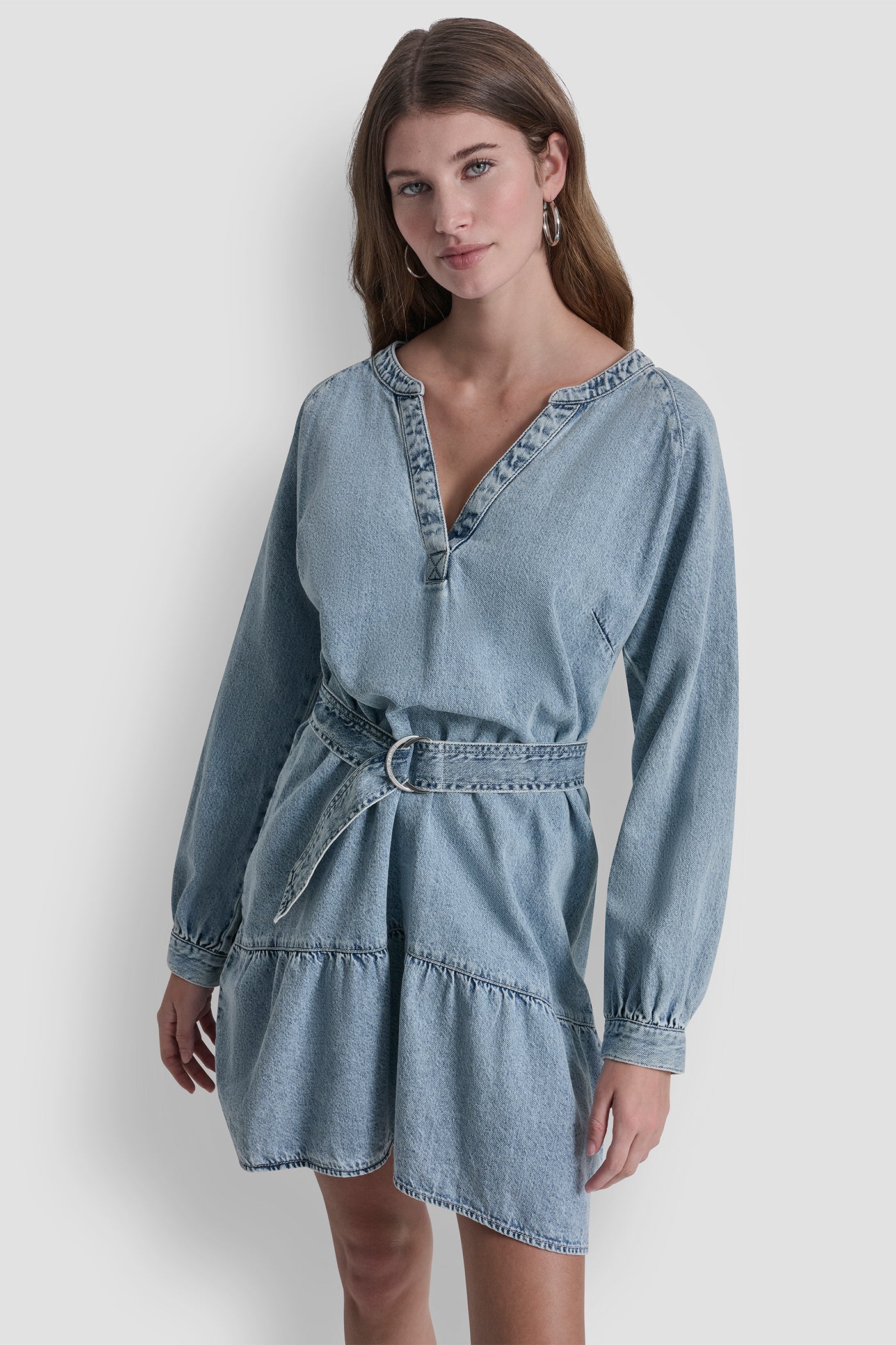 Reflection BELTED DENIM V-NECK DRESS, FRONT VIEW | Clothing
