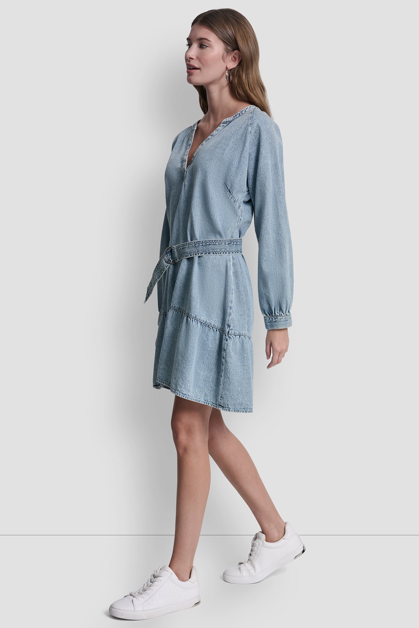 BELTED DENIM V-NECK DRESS VIEW 3 | Clothing