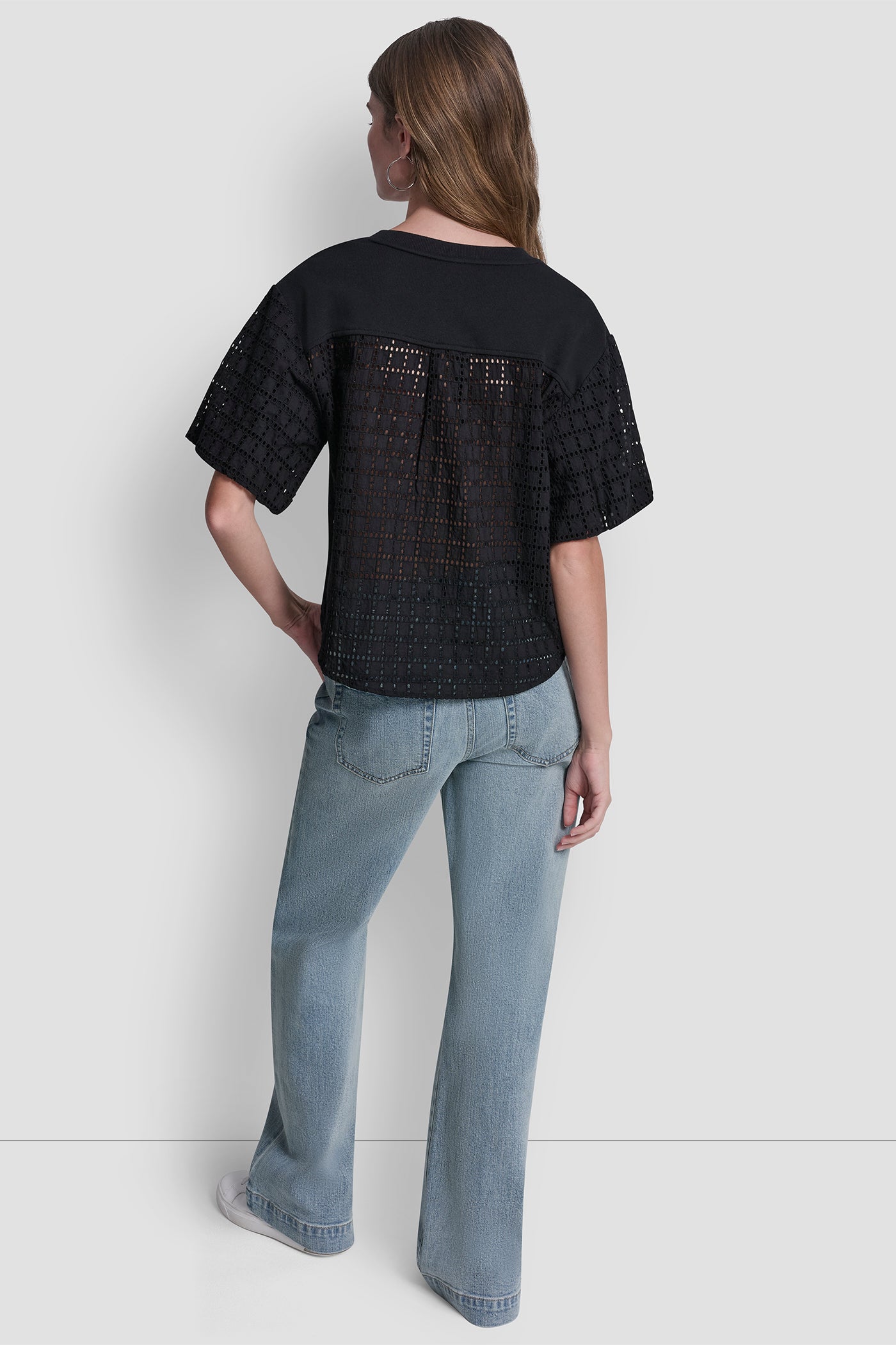 Black EYELET PUFF SLEEVE SHIRT, VIEW 2 | Clothing