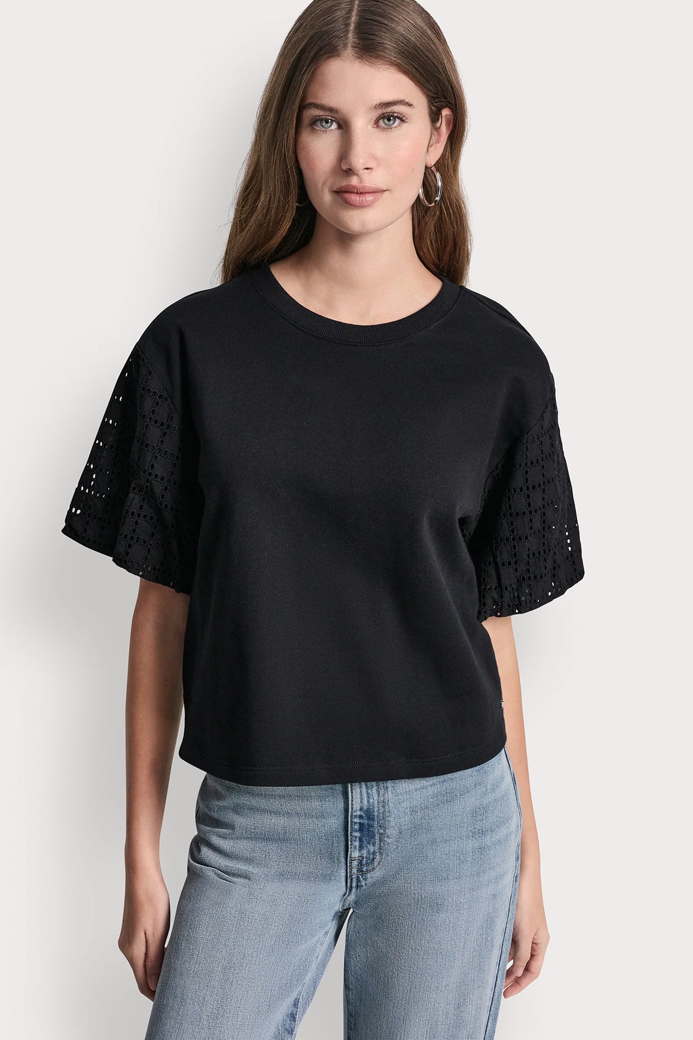 Black EYELET PUFF SLEEVE SHIRT, VIEW 2 | WOMEN'S SWEATERS & TOPS