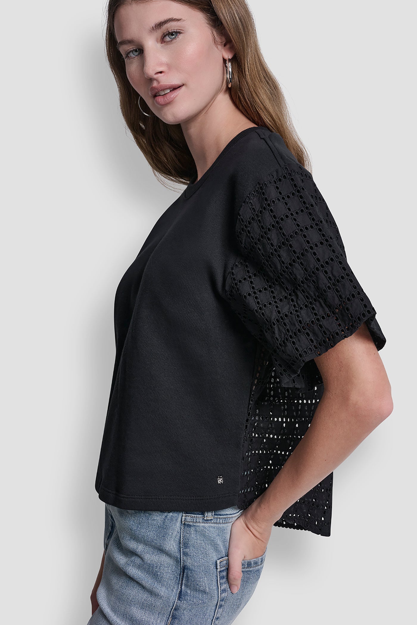Black EYELET PUFF SLEEVE SHIRT, VIEW 1 | Clothing