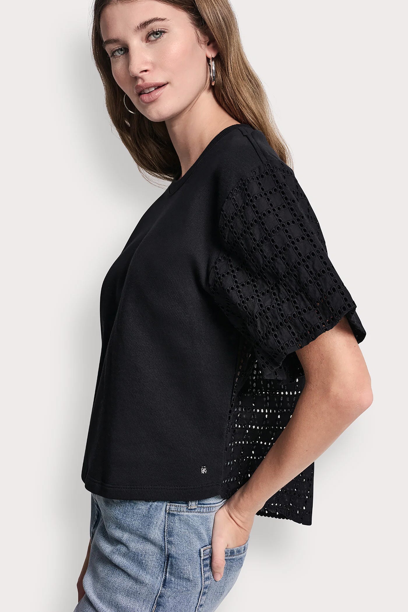 Black EYELET PUFF SLEEVE SHIRT, VIEW 1 | WOMEN'S SWEATERS & TOPS
