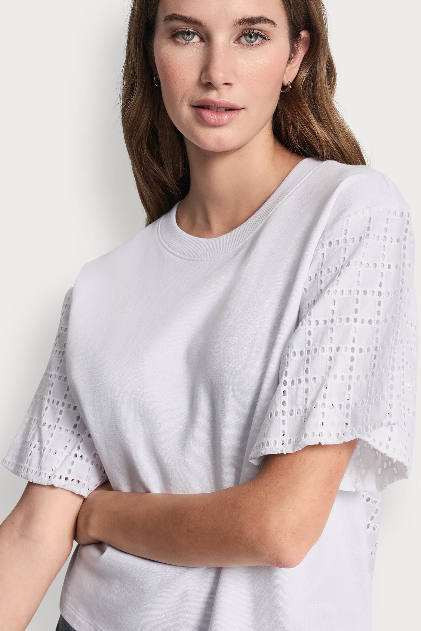 White EYELET PUFF SLEEVE SHIRT, VIEW 1 | WOMEN'S SWEATERS & TOPS