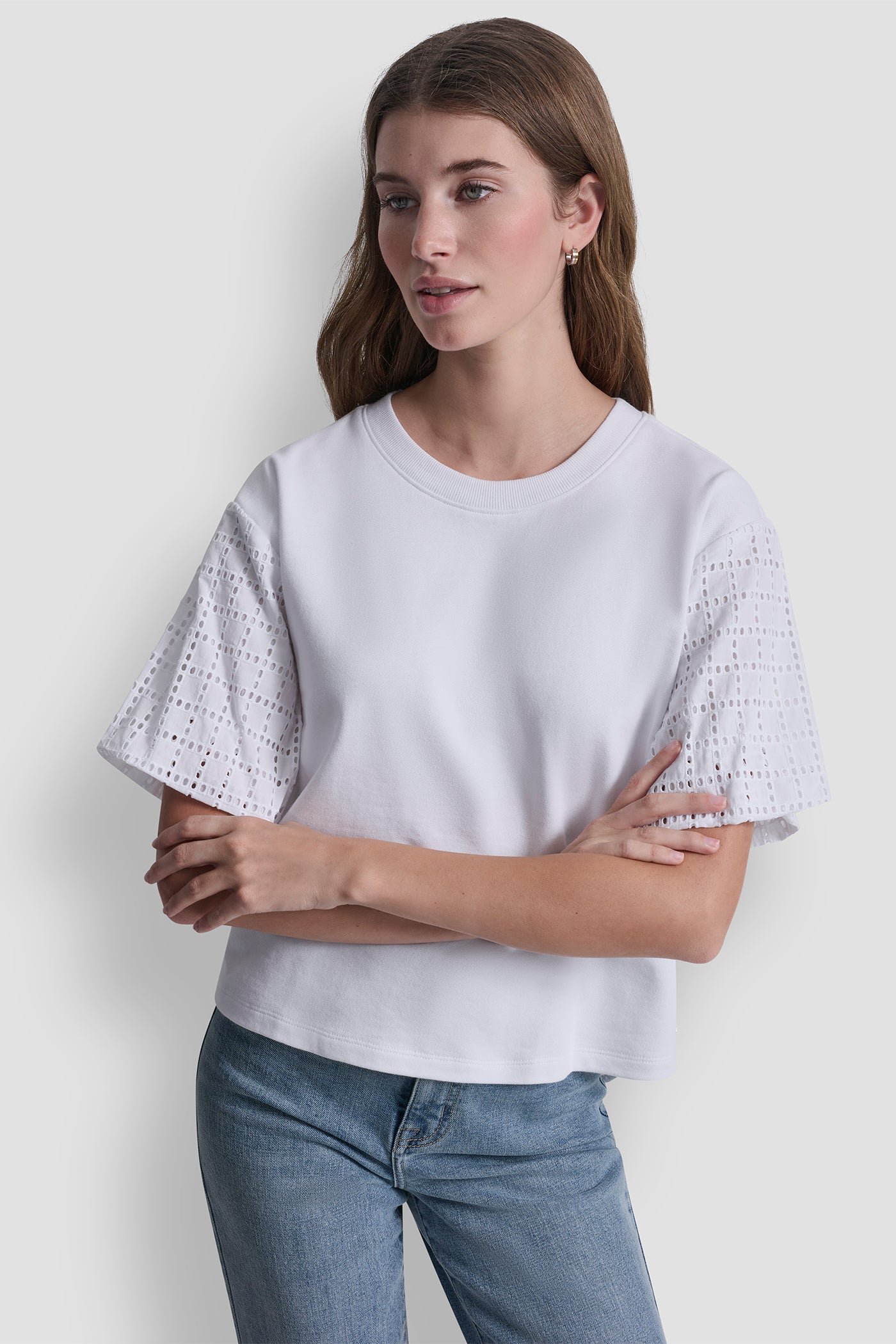 White EYELET PUFF SLEEVE SHIRT, FRONT VIEW | Clothing