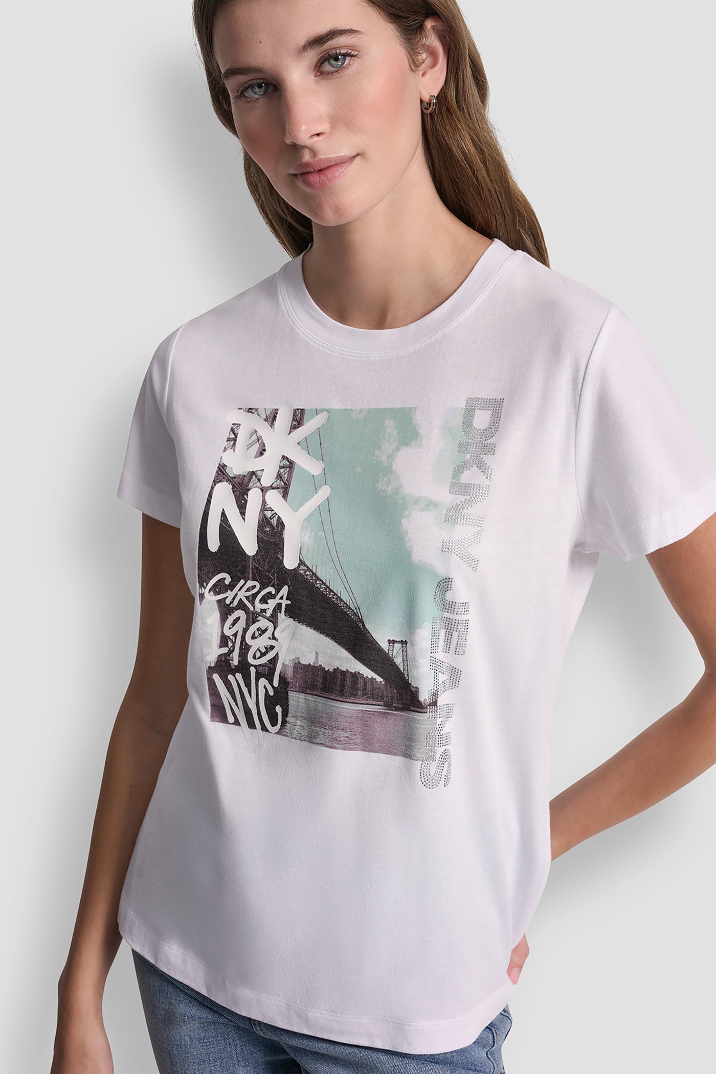White/Clear Mint DKNY RHINESTONE GRAFITI TEE, VIEW 1 | Gifts Under $50