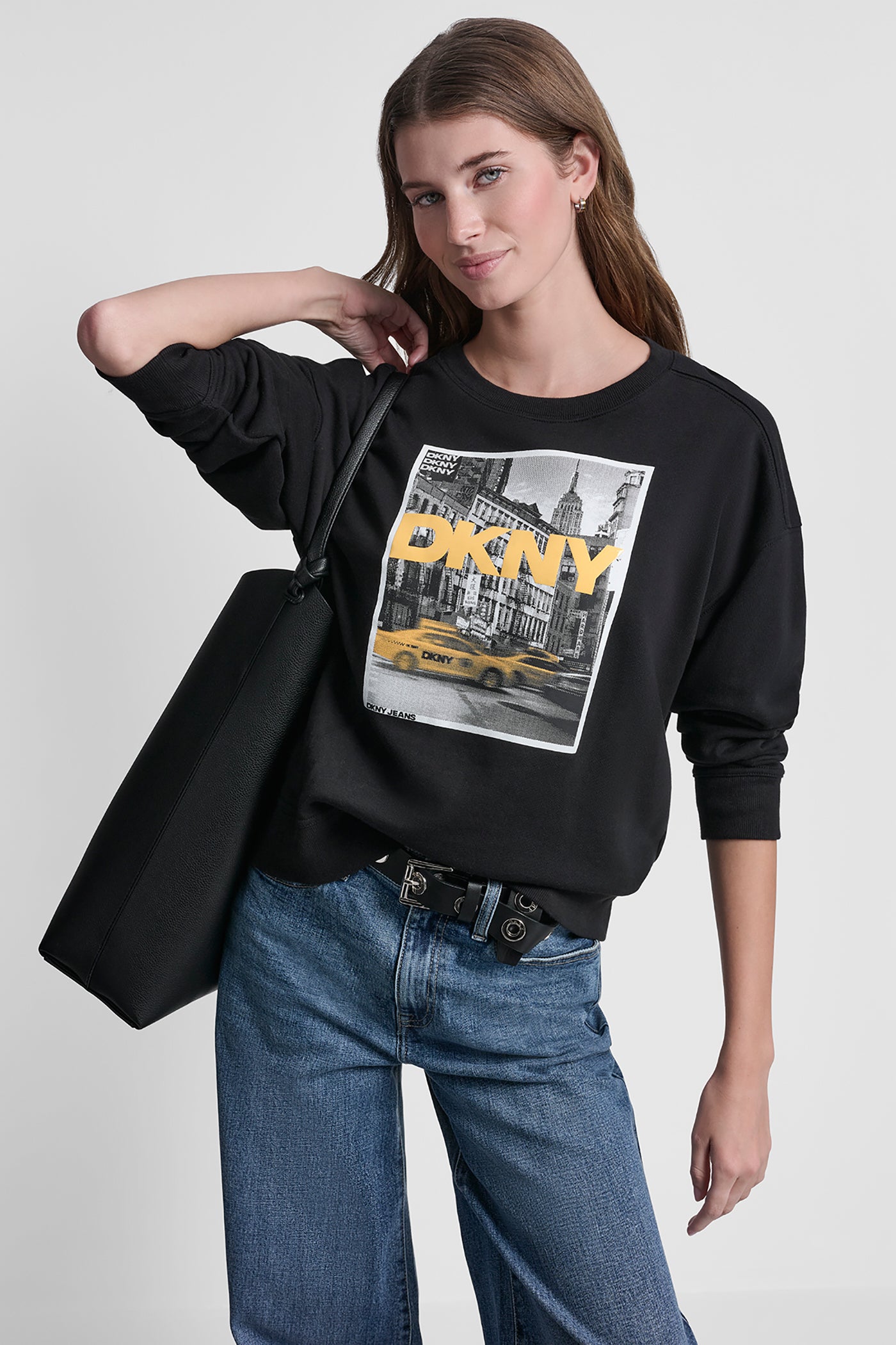 Black/Taxi Cab Yellow DKNY TAXI PHOTOREAL LOGO SWEATSHIRT, VIEW 1 | All Products