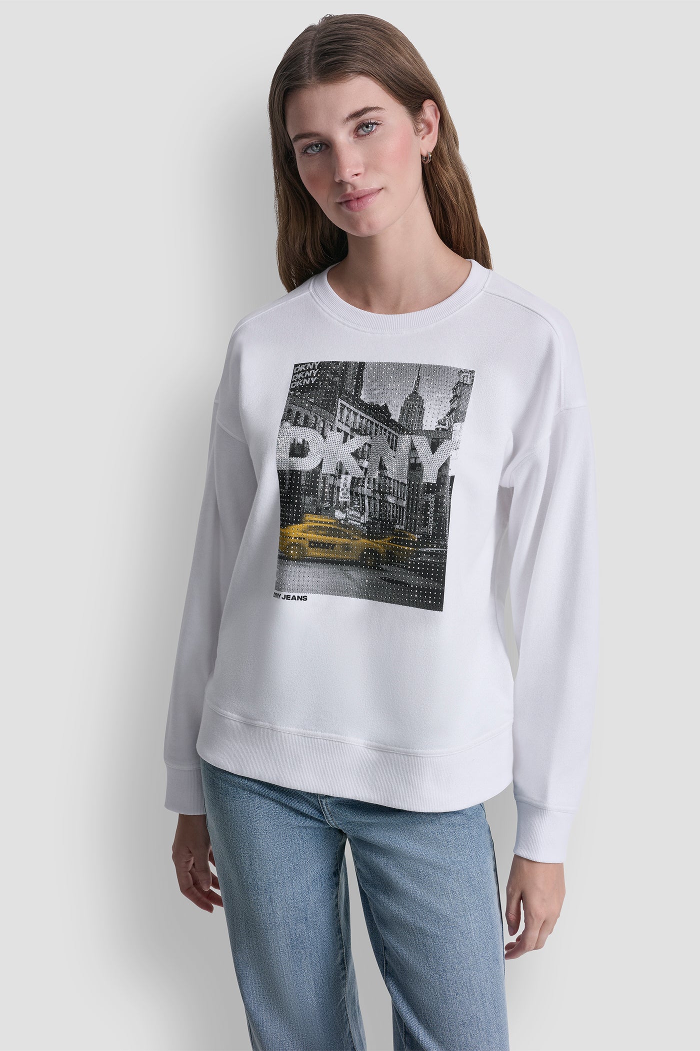 White/Taxi Cab Yellow DKNY RHINESTONE TAXI LOGO SWEATSHIRT, FRONT VIEW | SPRING 2026