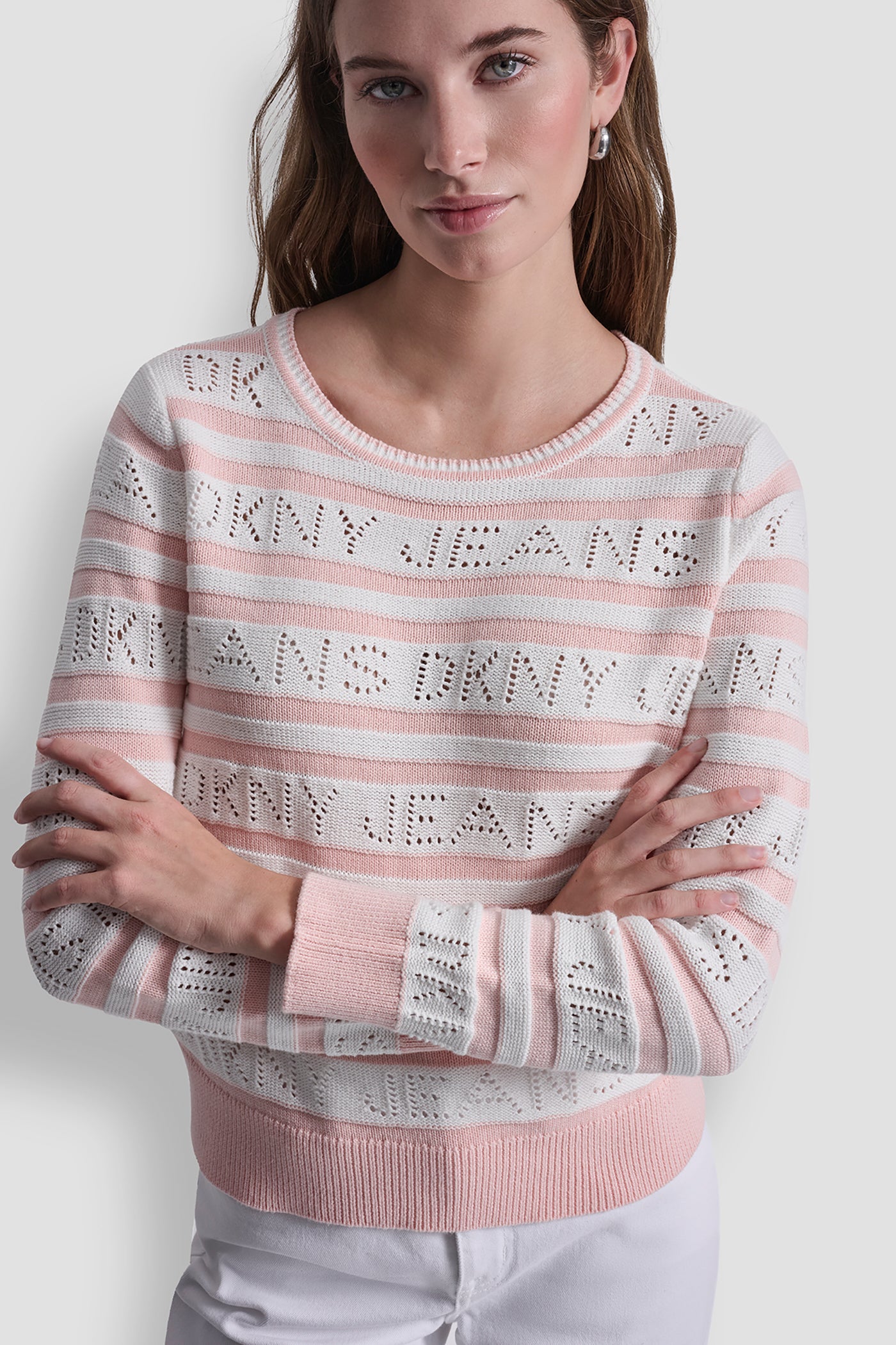 Ivory/Peach Spritz LOGO POINTELLE STRIPED SWEATER, VIEW 1 | Clothing