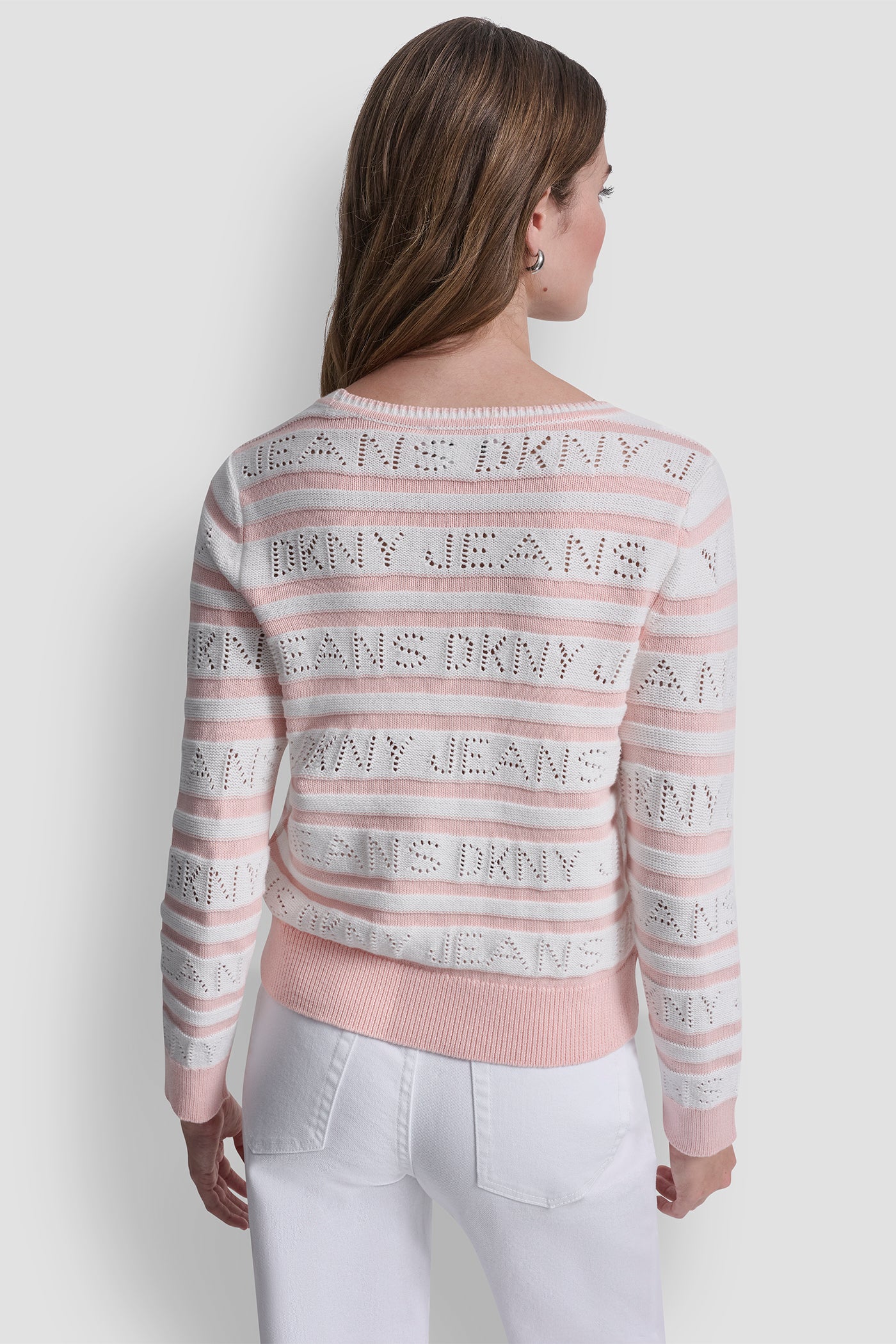 Ivory/Peach Spritz LOGO POINTELLE STRIPED SWEATER, VIEW 2 | Clothing