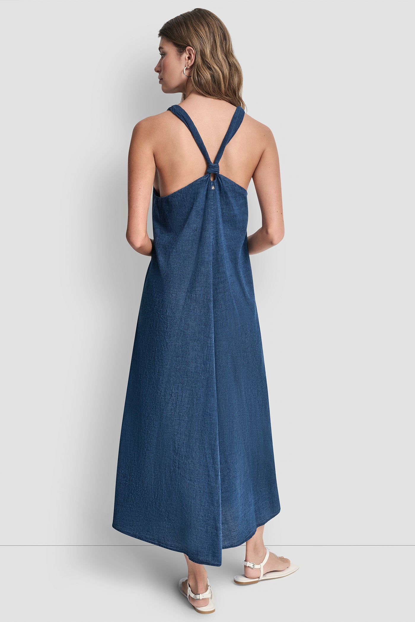 Indigo KNOTTED STRAP V-NECK MAXI DRESS, VIEW 2 | Denim Destination