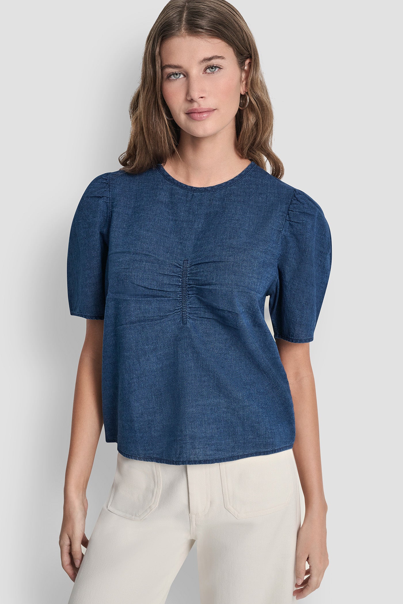 Indigo PUFF SLEEVE RUCHED FRONT SHIRT, FRONT VIEW | DKNY JEANS
