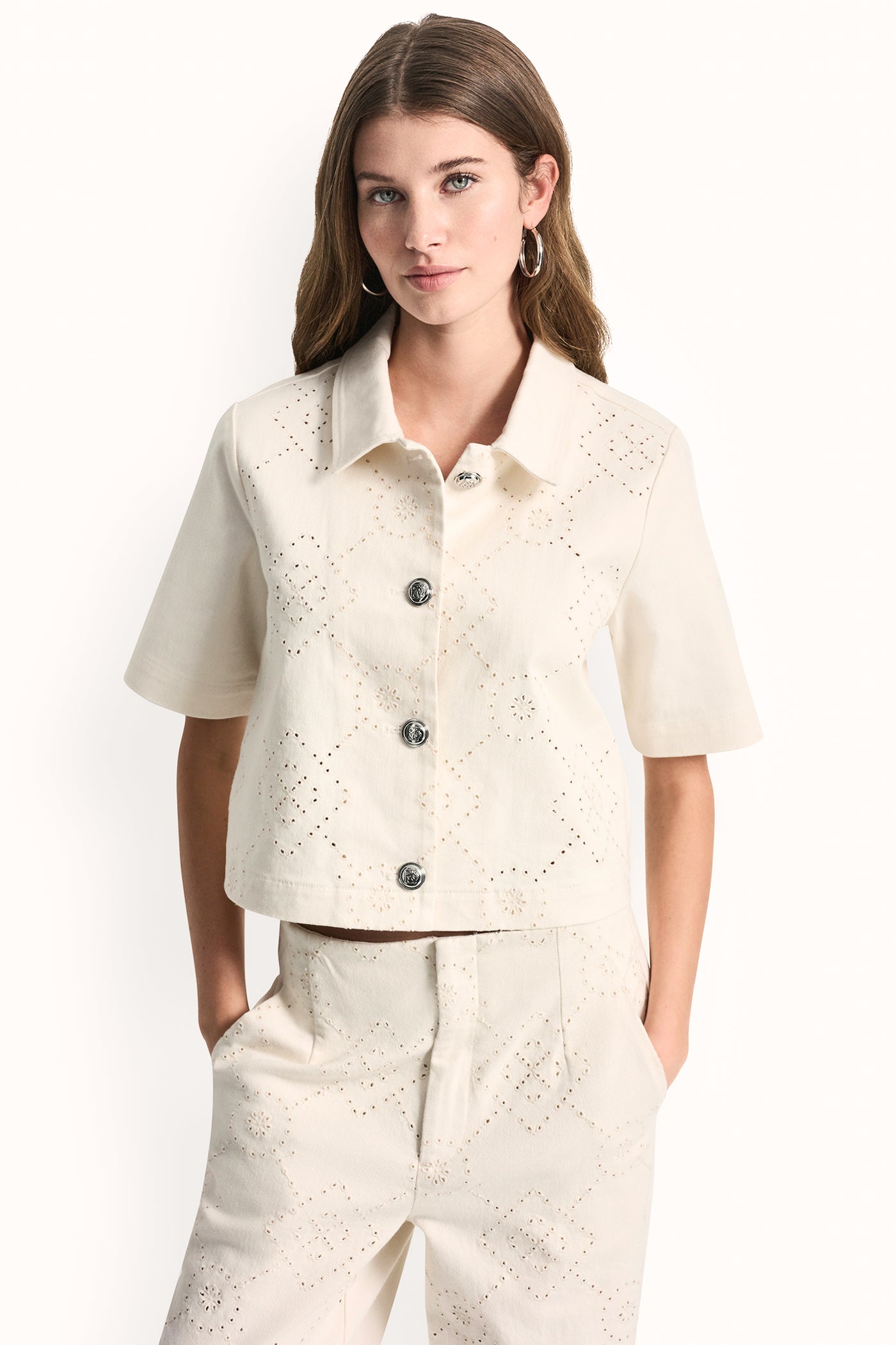 Eggnog TEXTURE TWILL BUTTON-FRONT SHIRT, VIEW 2