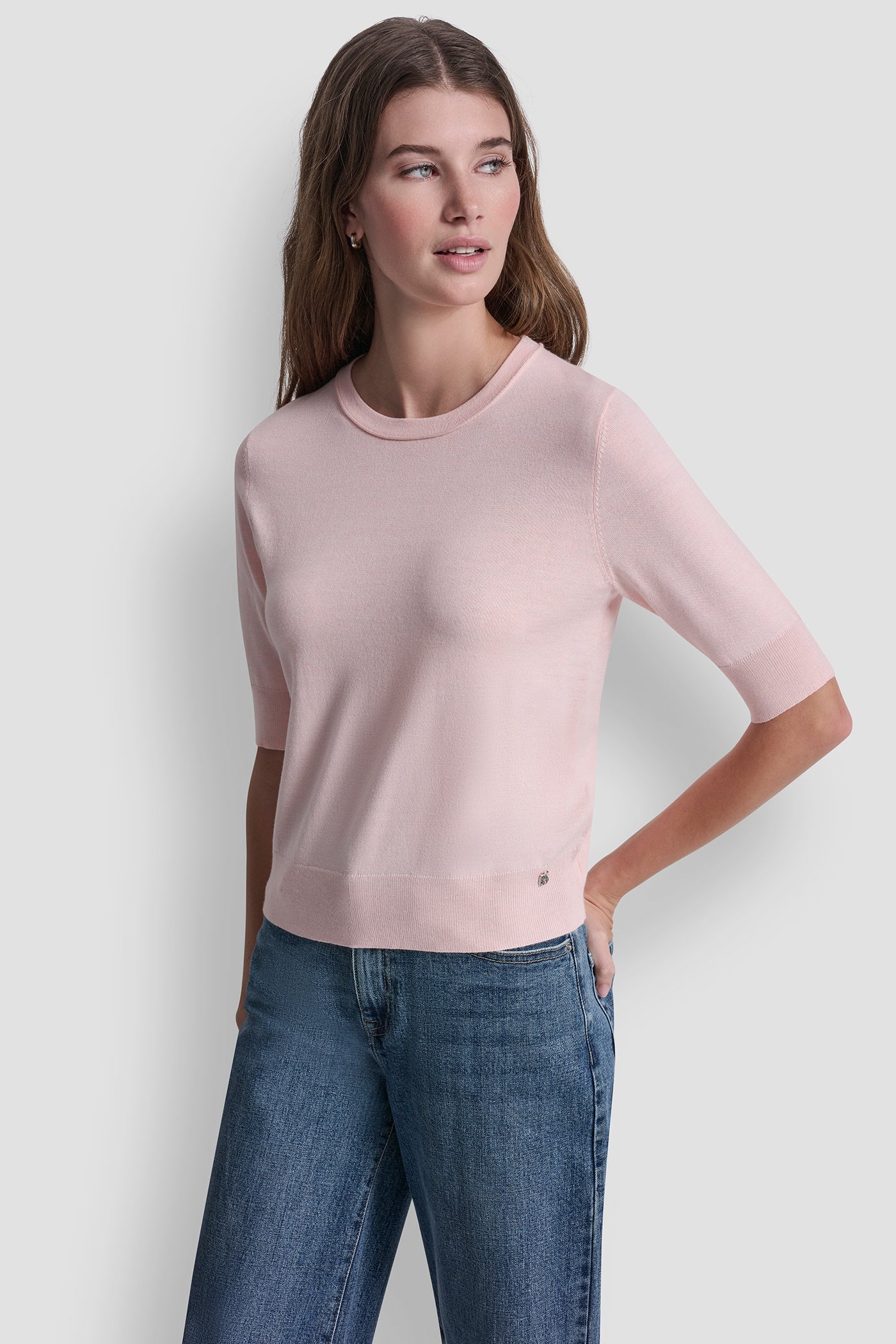 Peach Spritz Heather ELBOW SLEEVE CREW NECK SWEATER, VIEW 2 | All Products